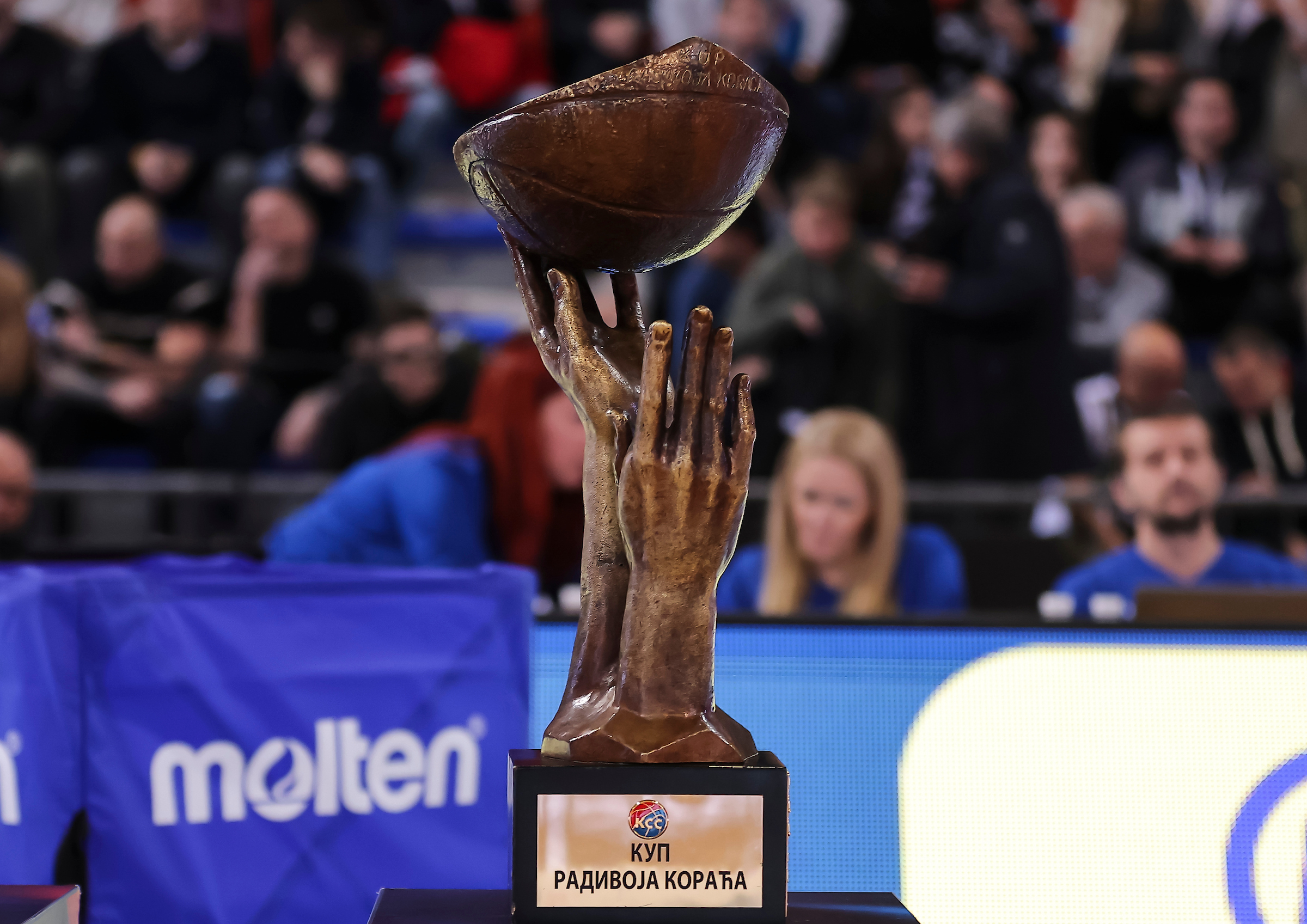 Trofej, trophy of Kup Radivoja Koraca, ilustracija, illustration  during the Kup Radivoje Korac Final sezona 2024/2025 match between KK Crvena Zvezda and KK Partizan at Cair Hall on February 15, Nis, Srbija. (Photo by Pedja Milosavljevic/Starsport.rs)