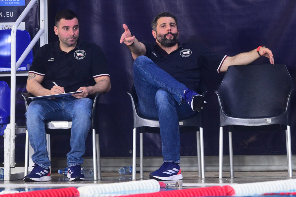 Aleksandar Bakic (L) and Aleksandar Sapic (R) at LEN Champions league group B game between VK Novi Beograd and VK Jadran, played at 11 april sport center, 02.12.2025.Belgrade, Serbia. (Photo by Dusan Milenkovic/Starsport.rs ©)