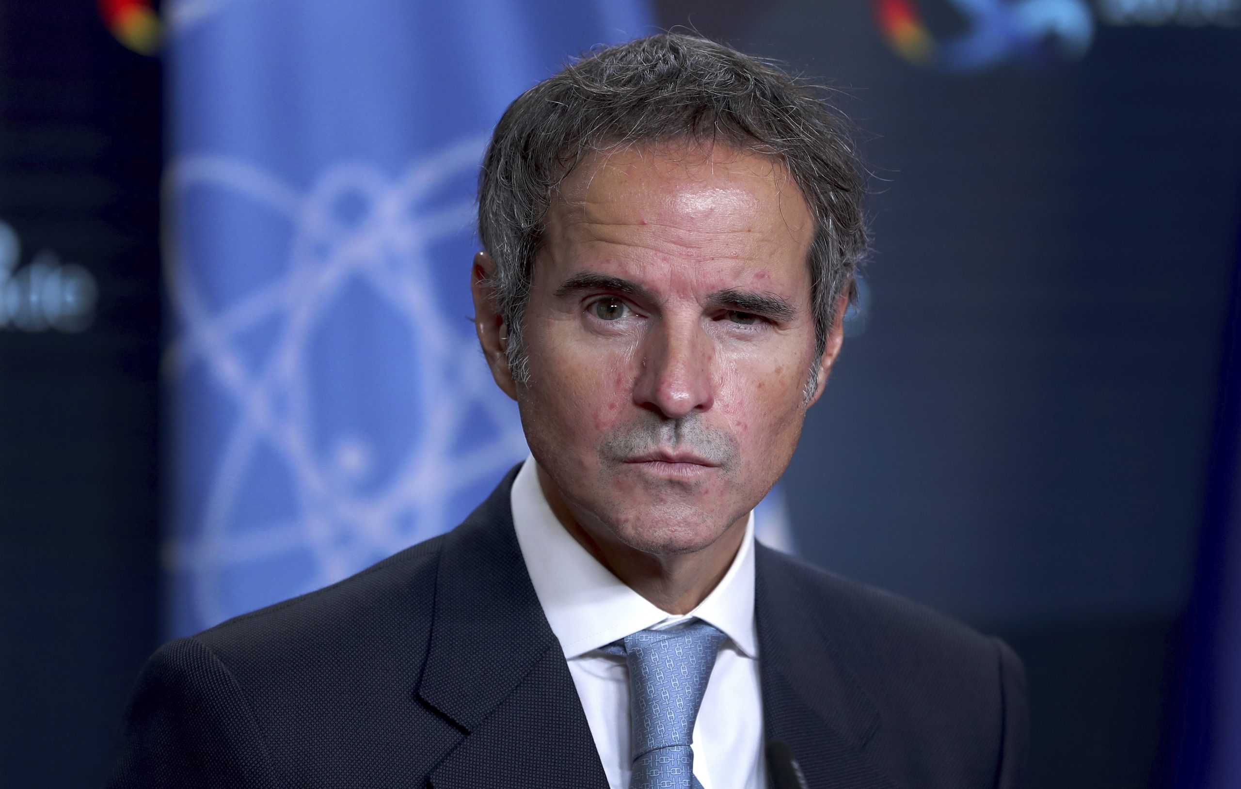 Rafael Mariano Grossi, Director General of International Atomic Energy Agency (IAEA), attends a joint press conference as part of a meeting with German Foreign Minister Heiko Maas in Berlin, Germany, Monday, Oct. 26, 2020. (AP Photo/Michael Sohn, pool)