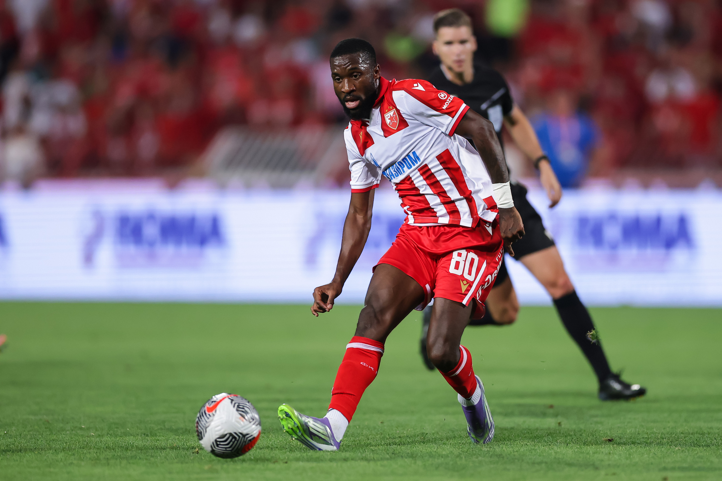 BELGRADE, SERBIA - AUGUST 12: Shavy Babicka of Crvena Zvezda in action during the UEFA Champions League Third Qualifying Round Second Leg match between Crvena Zvezda v Lech Poznan at Stadium Rajko Mitic on August 12, 2025 in Belgrade, Serbia.