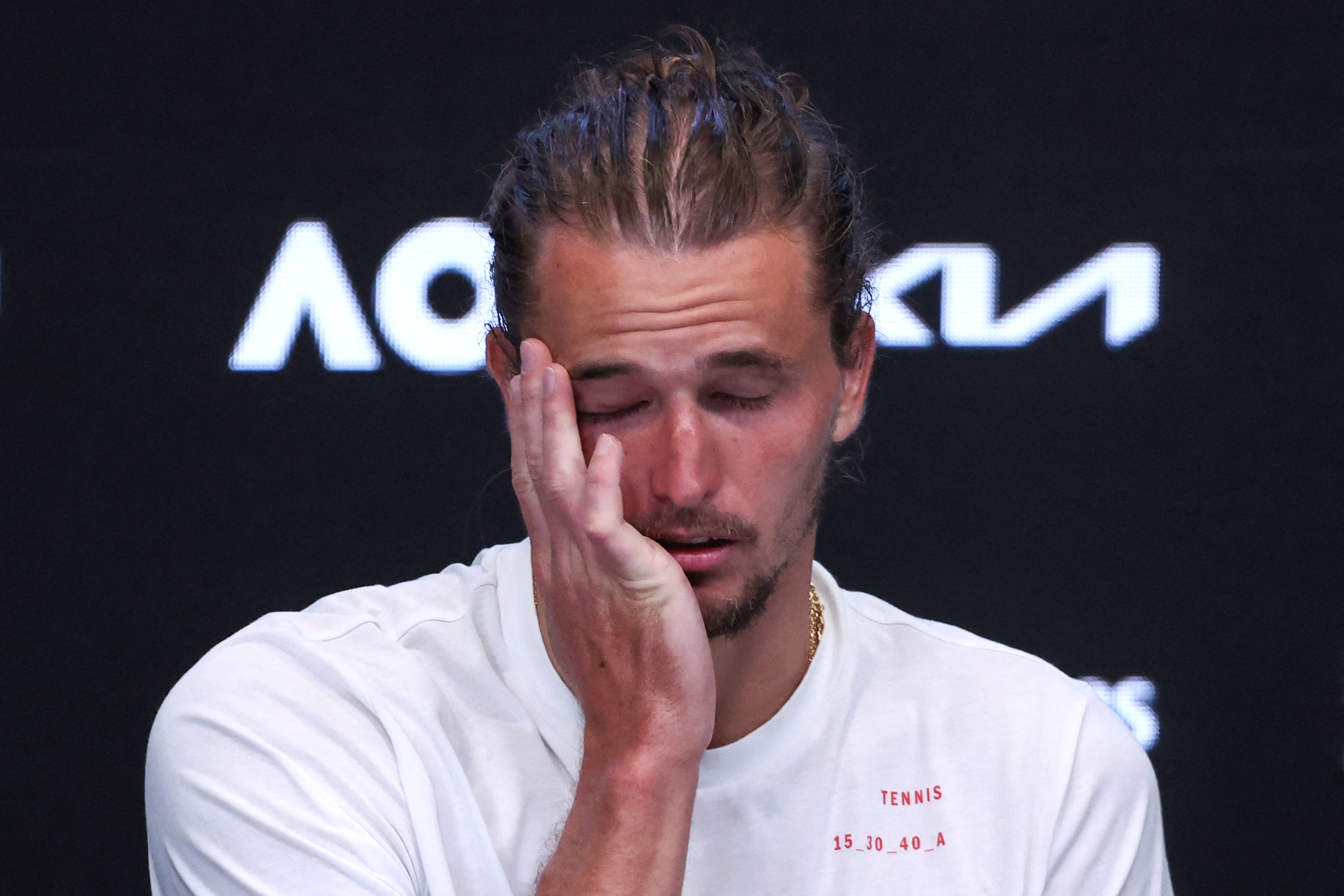 Germany's Alexander Zverev takes part in a press conference after losing to Spain's Carlos Alcaraz