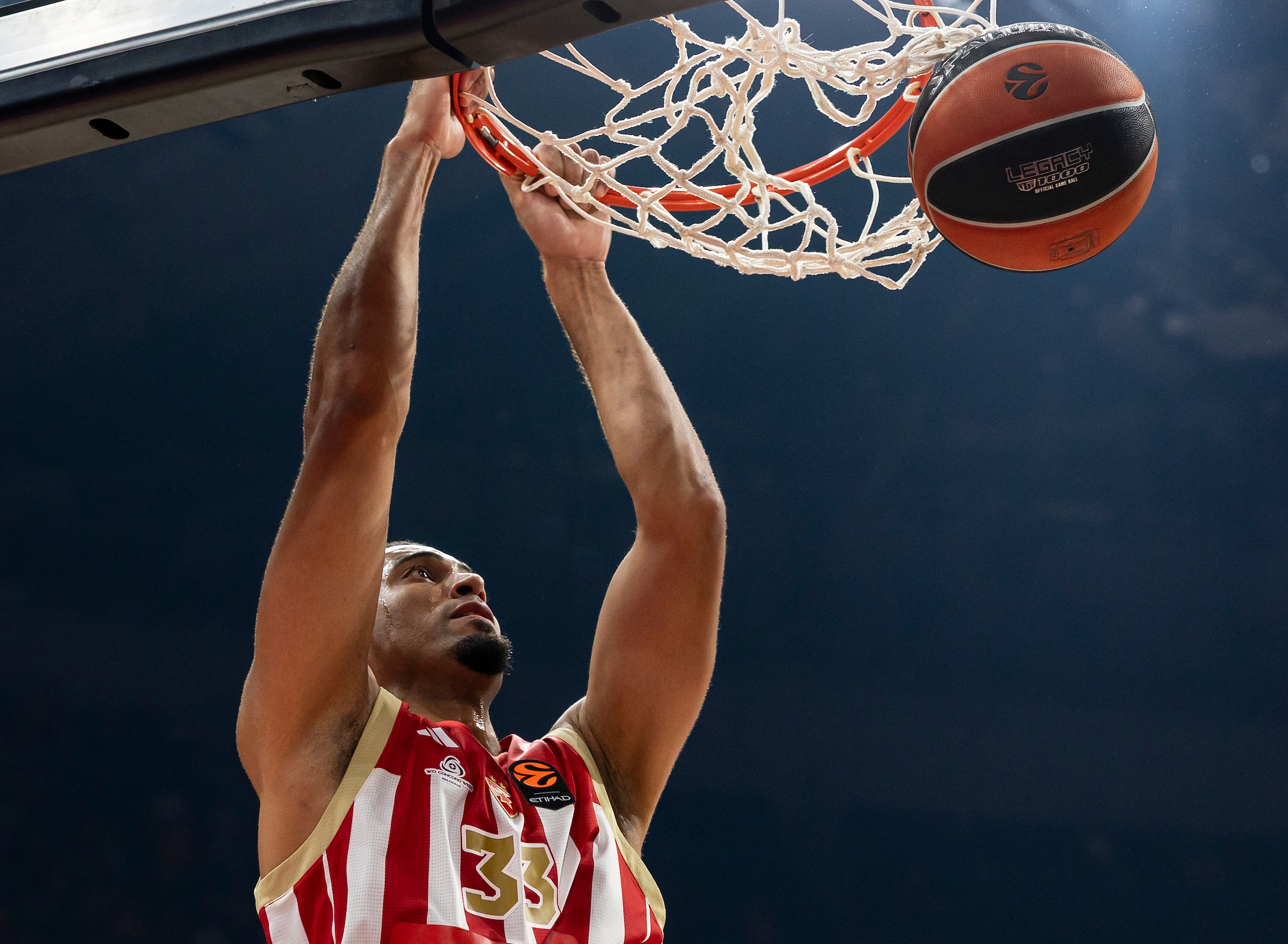Jordan Nwora, #33 of Crvena Zvezda Meridianbet Belgrade dunks the ball