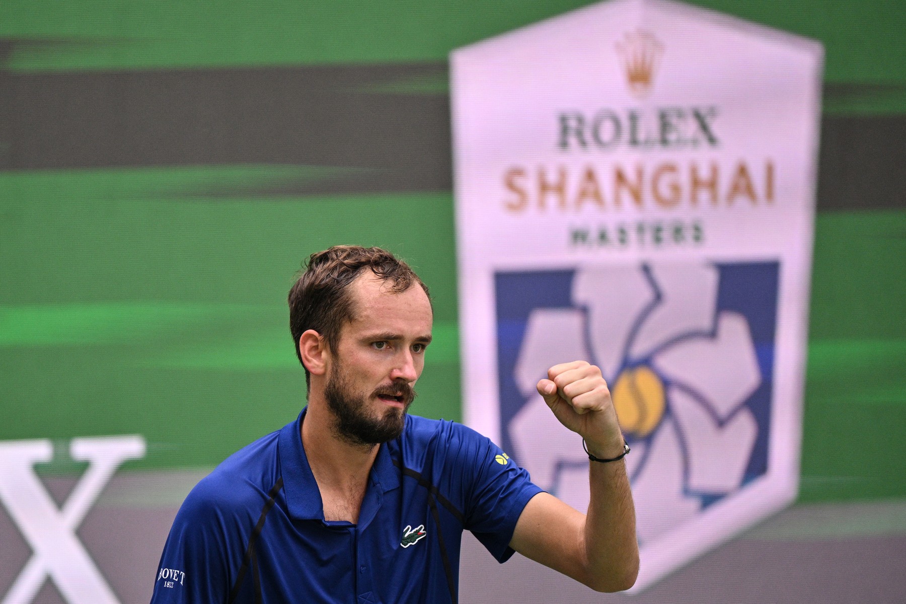 Russia’s Daniil Medvedev reacts after a point against Germany’s Jan-Lennar