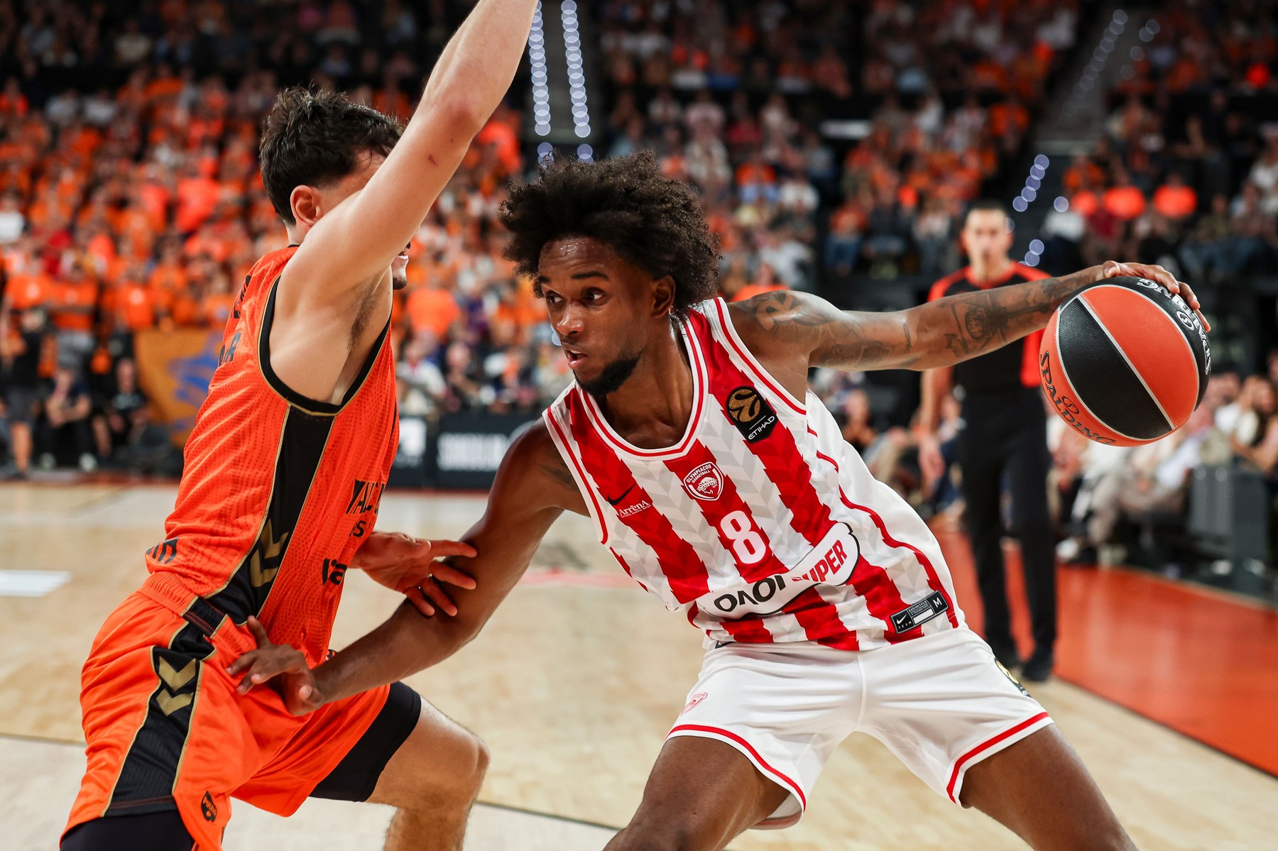 Alvaro Cardenas of Valencia Basket and Jean Montero of Olympiac
