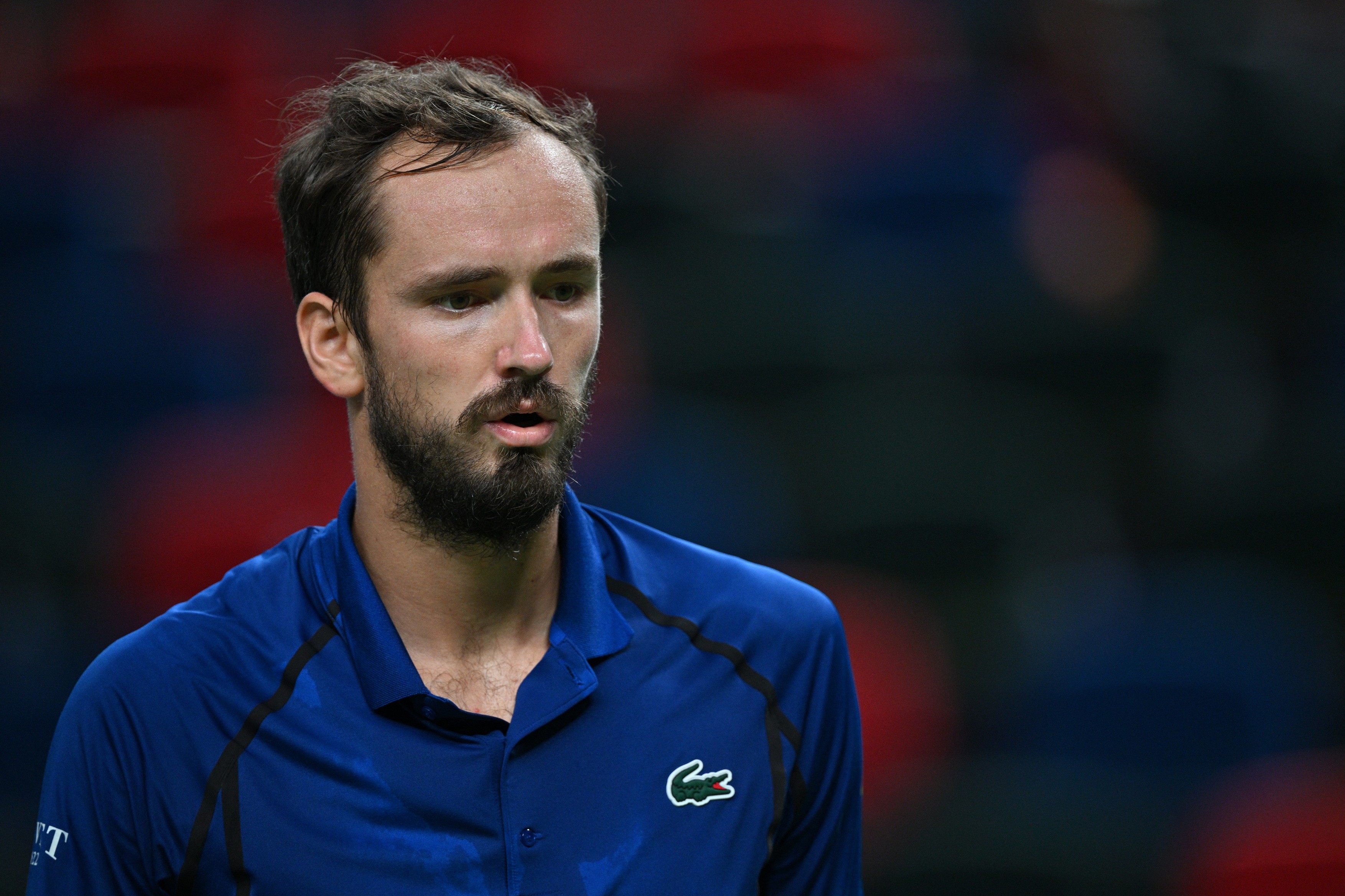 Russia's Daniil Medvedev reacts between points against Rafael Jodar