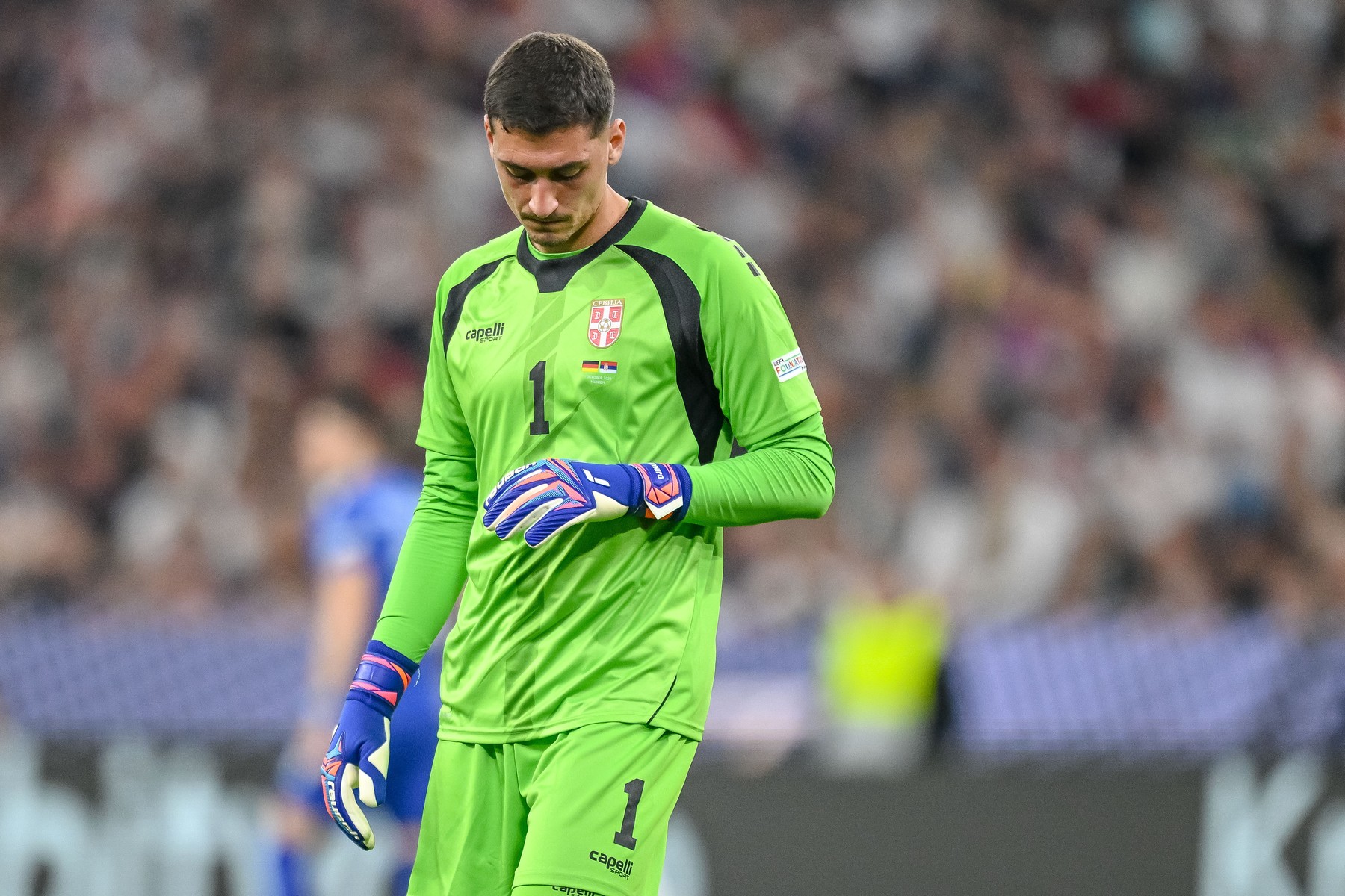 goalkeeper Djordje Petrovic (Serbia) Looks on during the UEFA Nations L