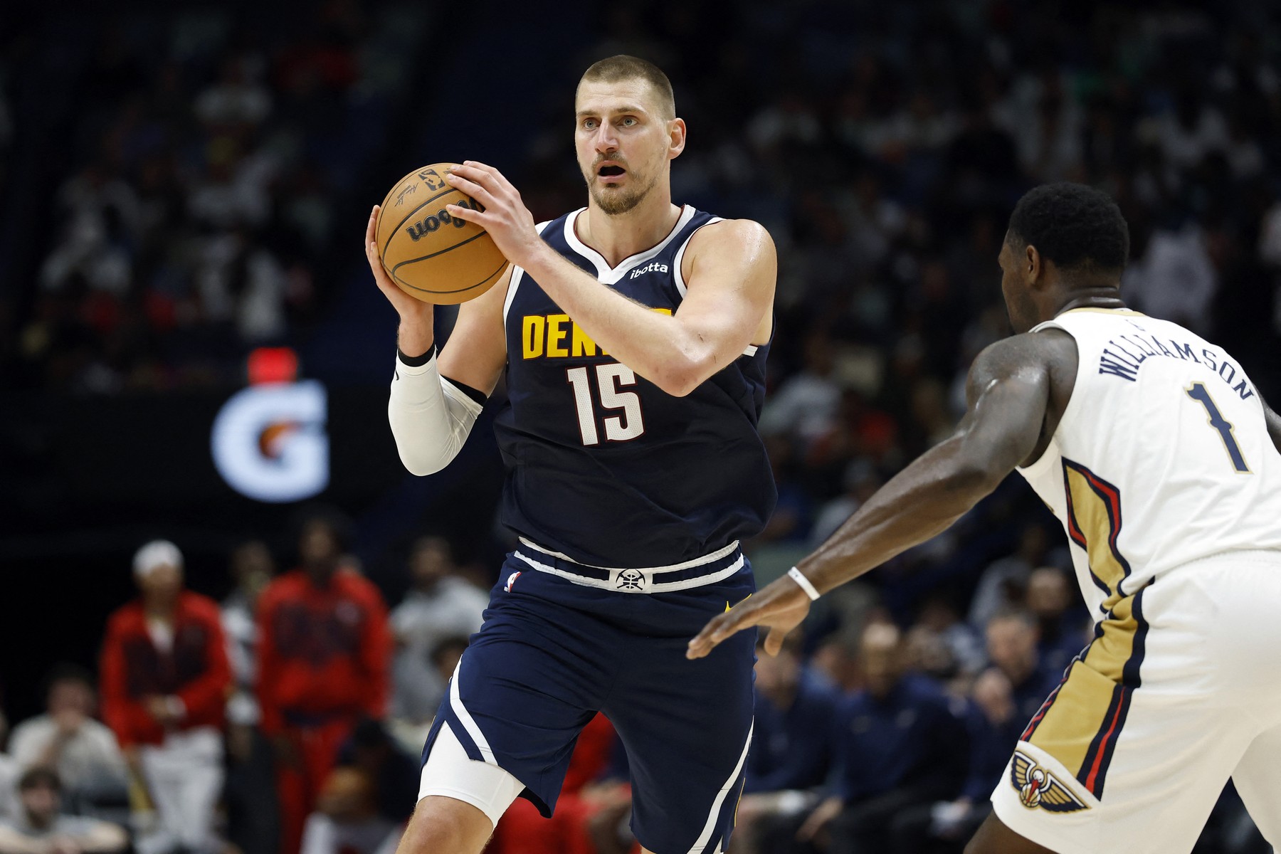 NEW ORLEANS, LOUISIANA - OCTOBER 28: Nikola Jokic #15 of the Denver Nueement., Model Release: no  , Credit line: Tyler Kaufman
