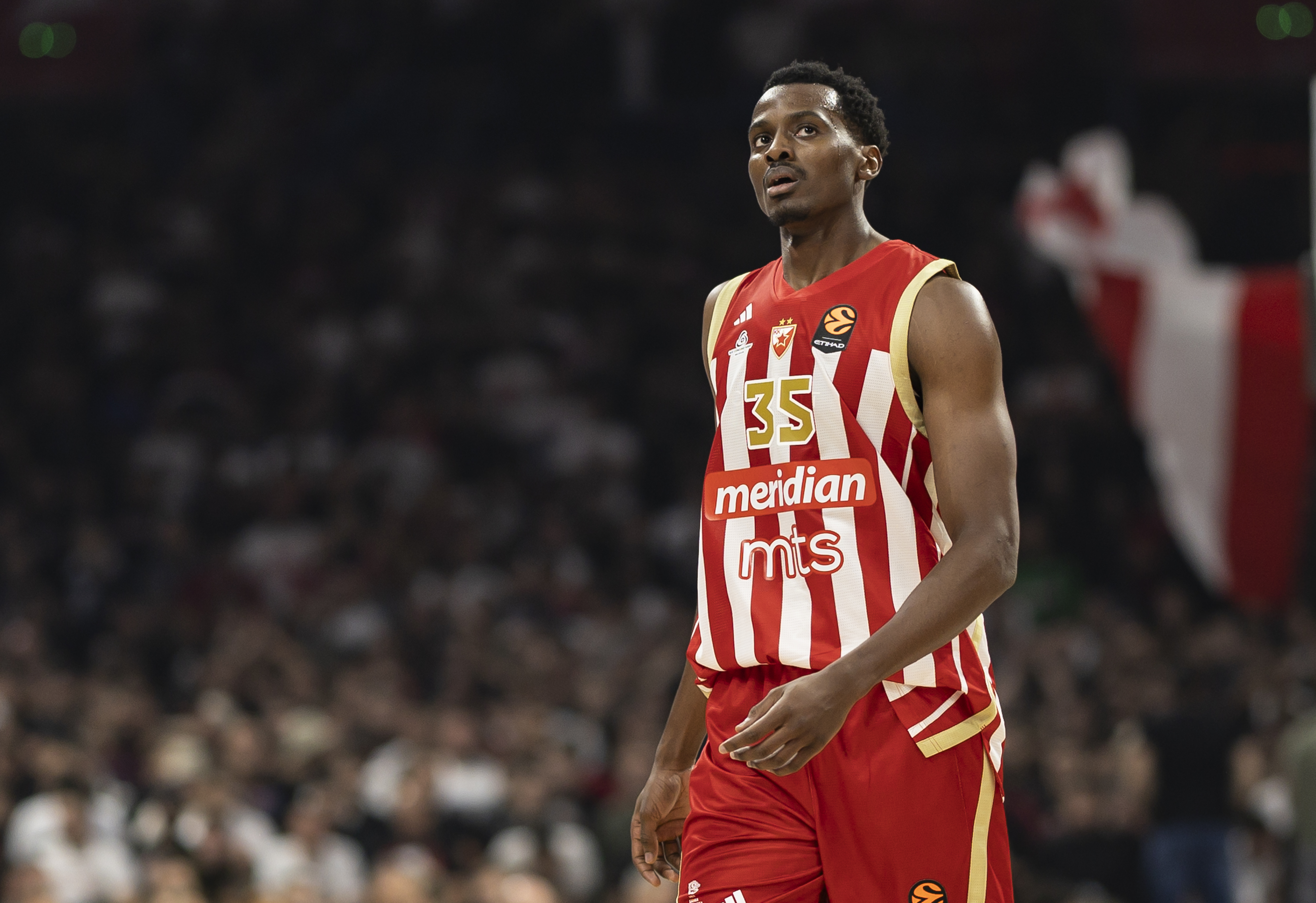 Christian Koloko, #35 of Crvena Zvezda Meridianbet Belgrade looks on dur