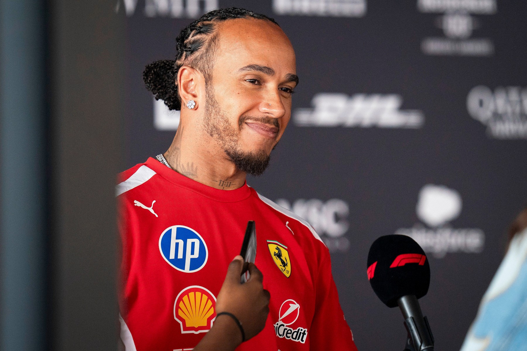 Lewis Hamilton (GBR) 44 Ferrari giving an interview during th