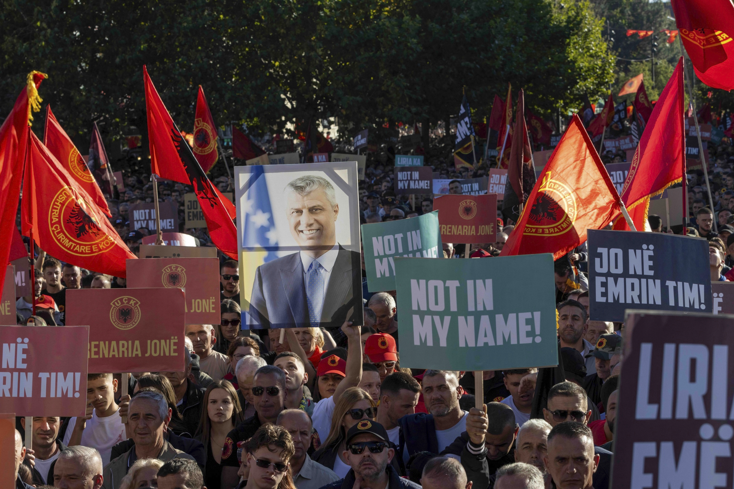 People gather to protest against the verdicts for former Kosovo President Hashim Thaci and three other commanders guilty of war crimes during the 1998-99 war, in Pristina, Kosovo, Thursday, Oct. 1, 2026. (AP Photo/Visar Kryeziu)