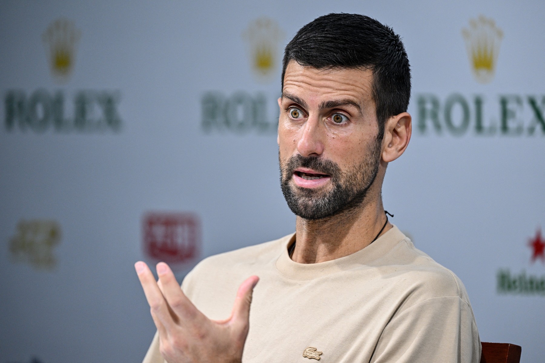 Serbia’s Novak Djokovic speaks during a press conference at the Sha