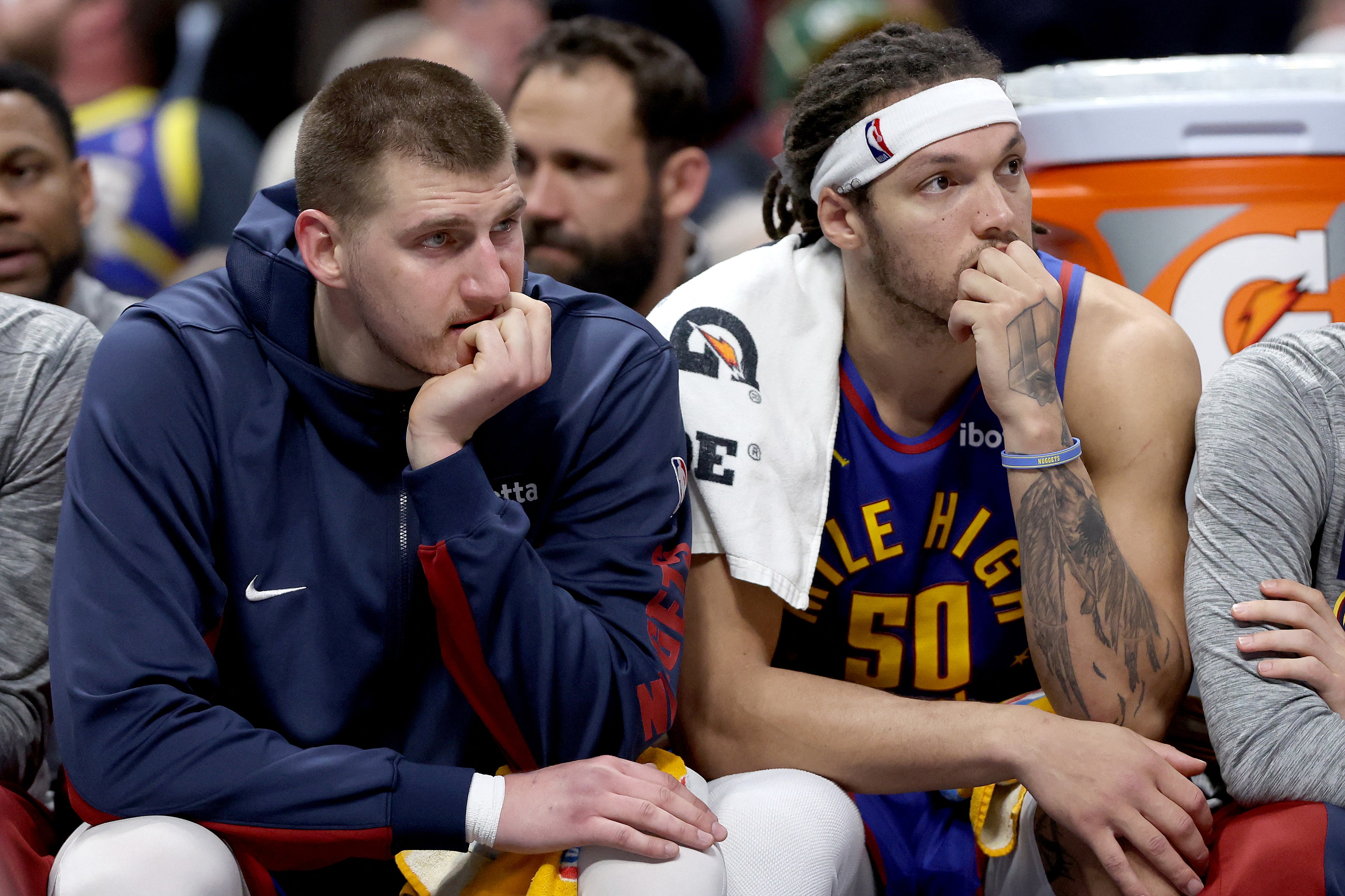 Nikola Jokic #15 and Aaron Gordon #50 of the Denver Nuggets