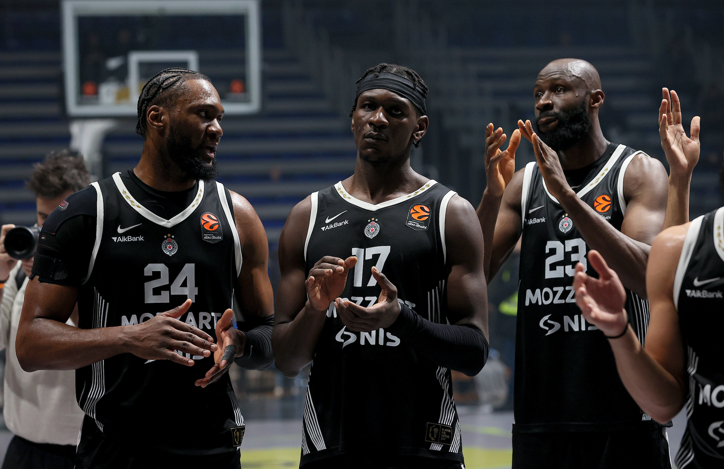 (L-R) Bruno Fernando of Partizan, Isaac Bonga of Partizan and Tonye Jekiri