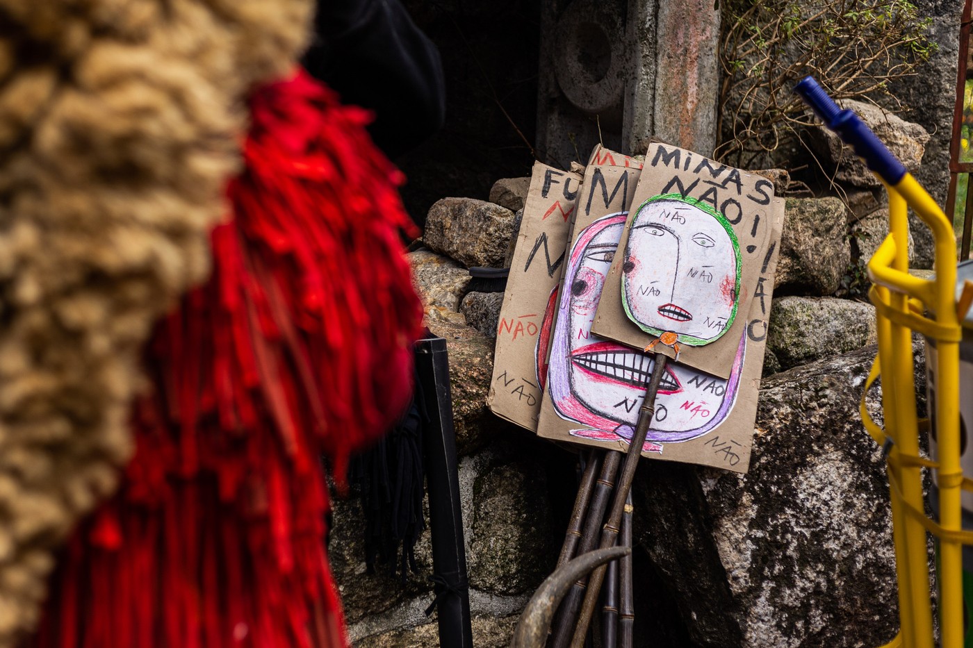 FPosters that say ''No To Mines'' are seen during a small demonstration of Misarela Caretos against the lithium mines that are harming the entire ecosystem of Montalegre. Entrudo da Misarela Credit line: Telmo Pinto / Zuma Press / Profimedia