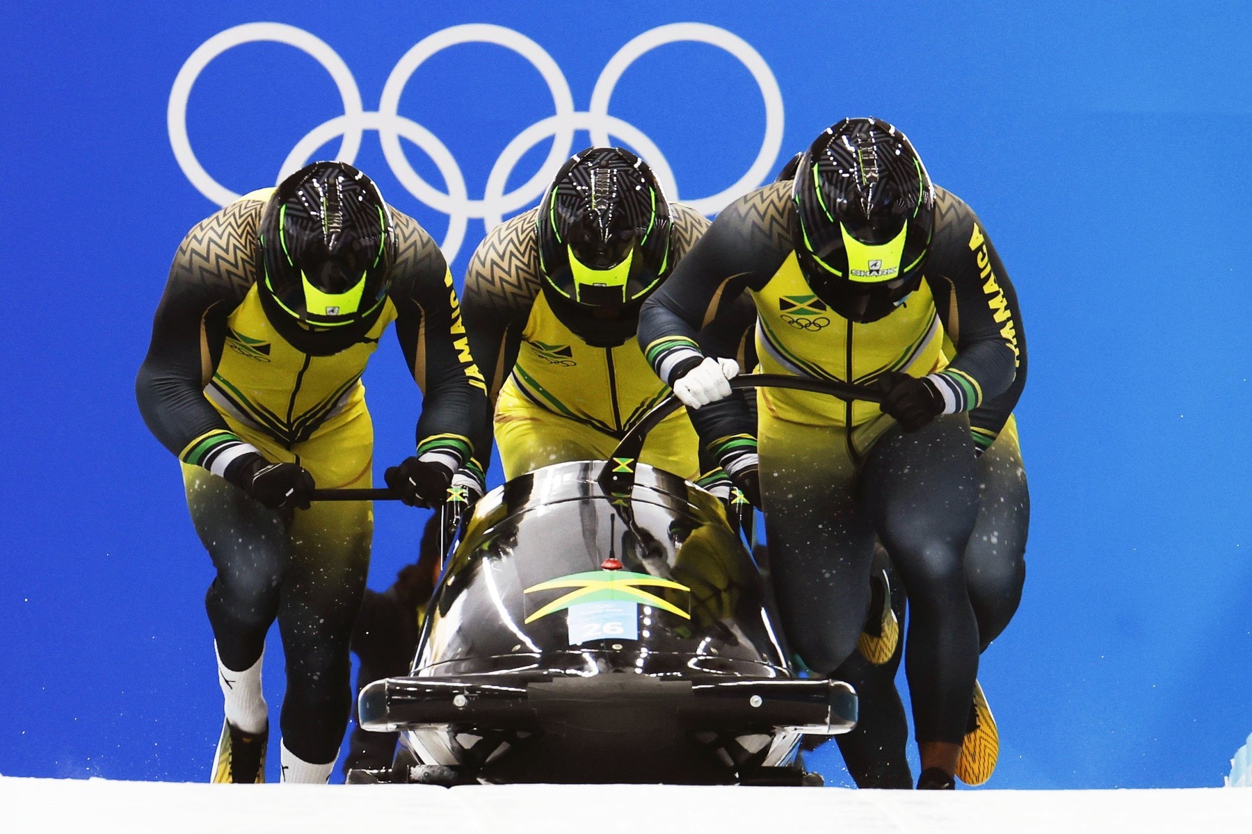 Jamaica's team starts its second run in the four-man bobsleigh at the Beijing Winter Olympics