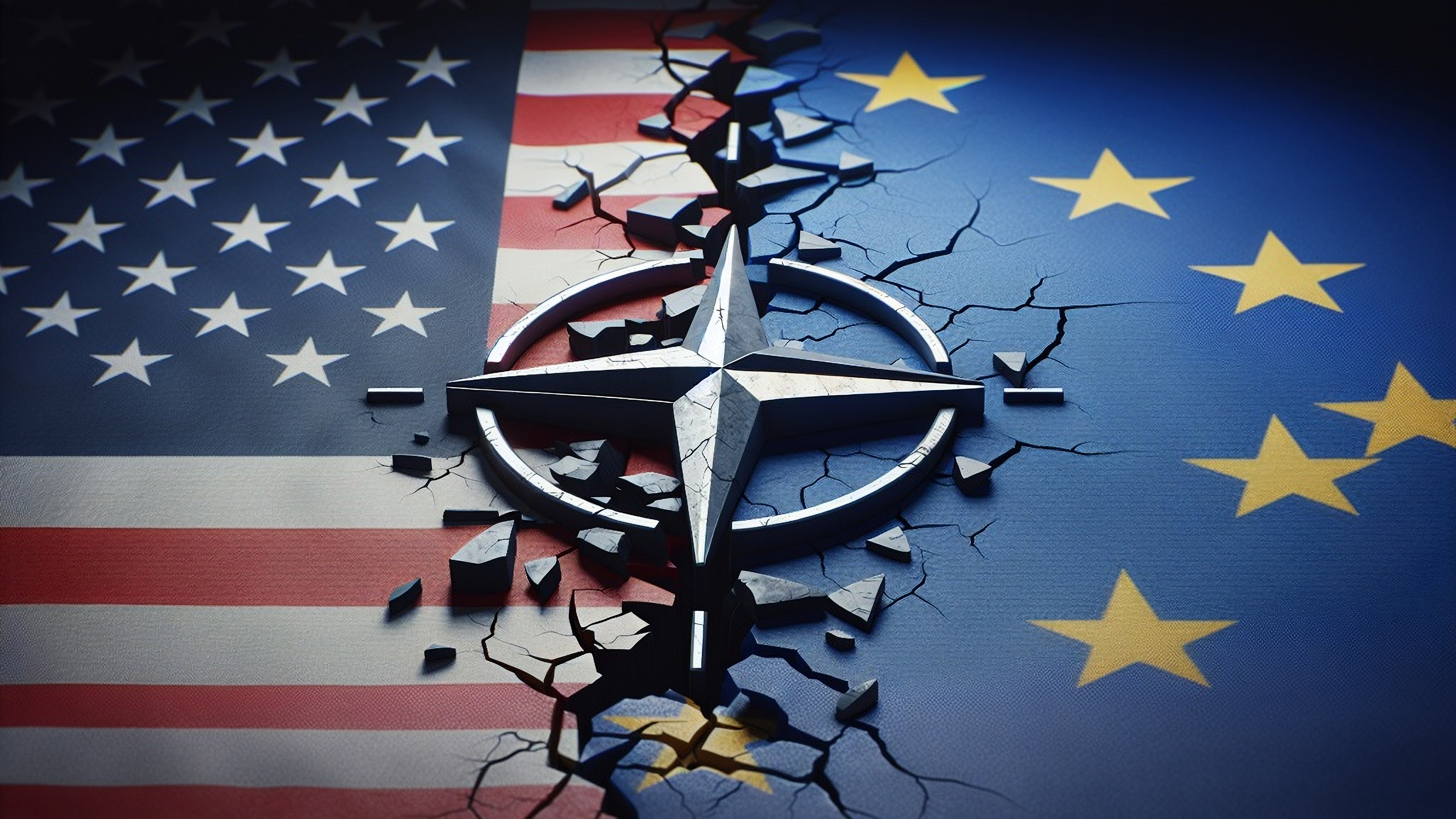 A picture in which see United States flag on the left side and the EU flag on the right. In the middle NATO which is falling apart with a crack appearing on it, while the flags drift away.