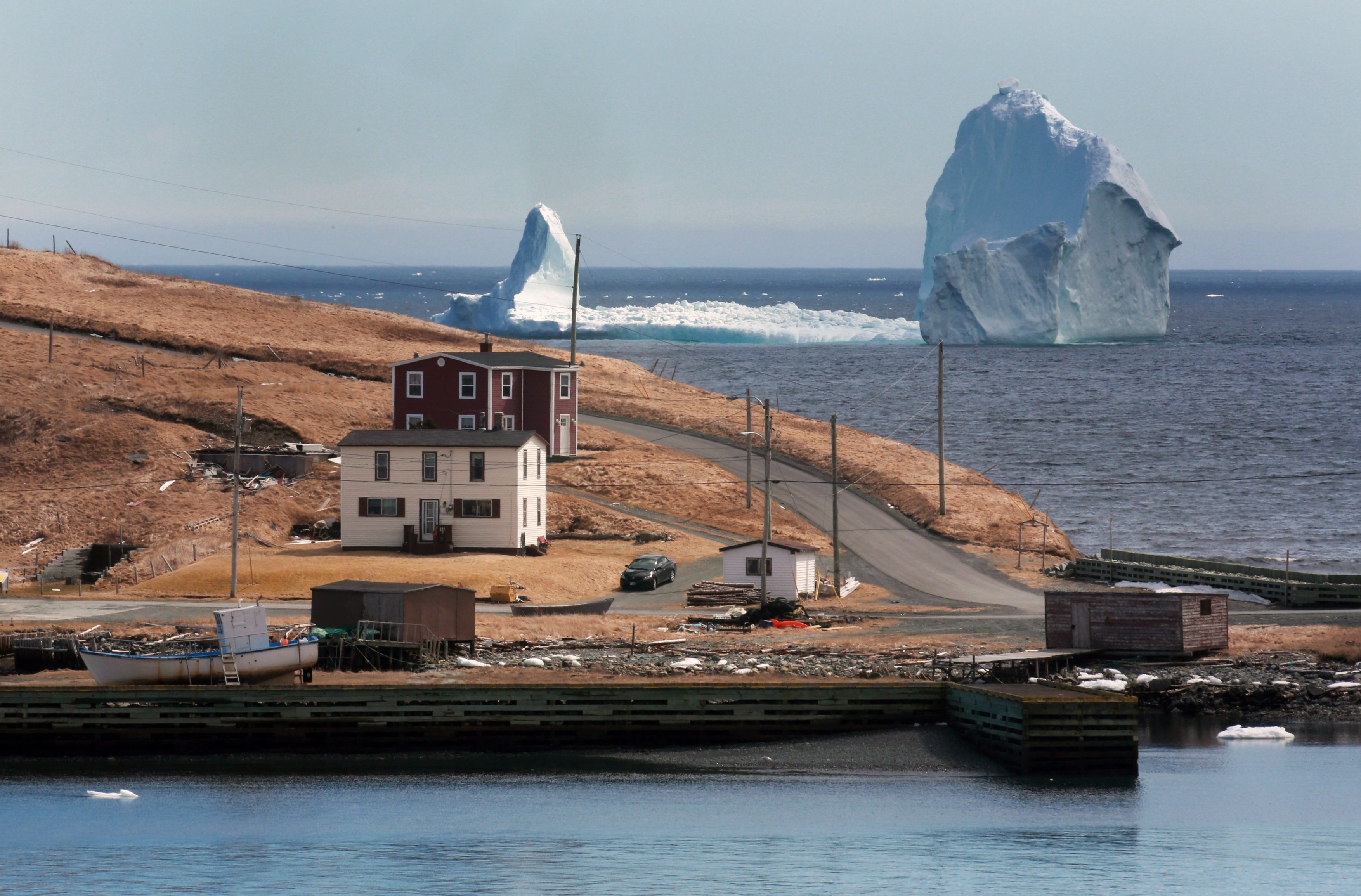 A large iceberg is visible from the shore in Ferryland