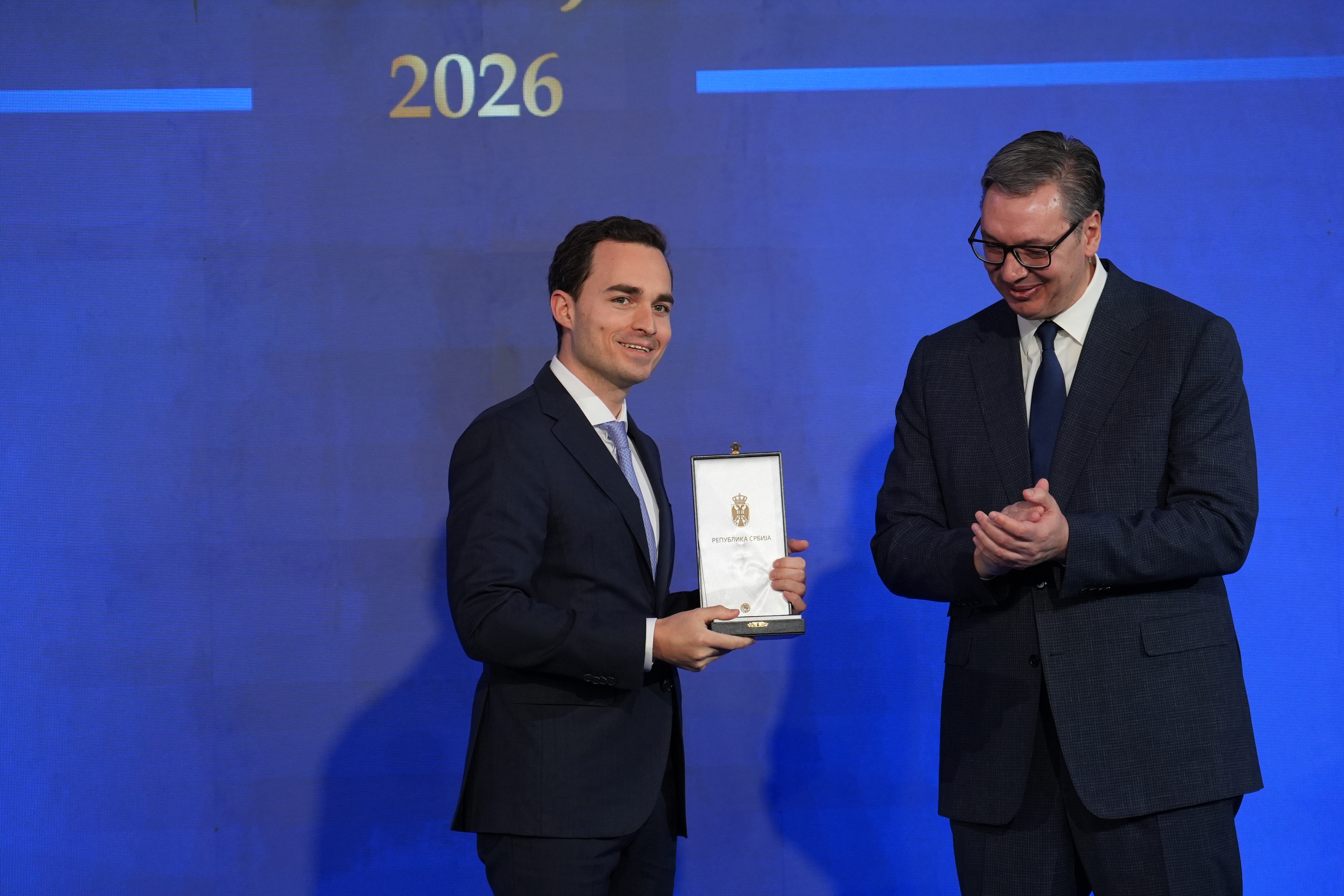 Maximilian Krauss, Aleksandar Vucic. 16, februar 2026, Beograd - Povodom Dana drzavnosti Republike Srbije, predsednik Republike Srbije Aleksandar Vucic urucio je odlikovanja zasluznim pojedincima i institucijama. Photo: Antonio Ahel/ATAImages