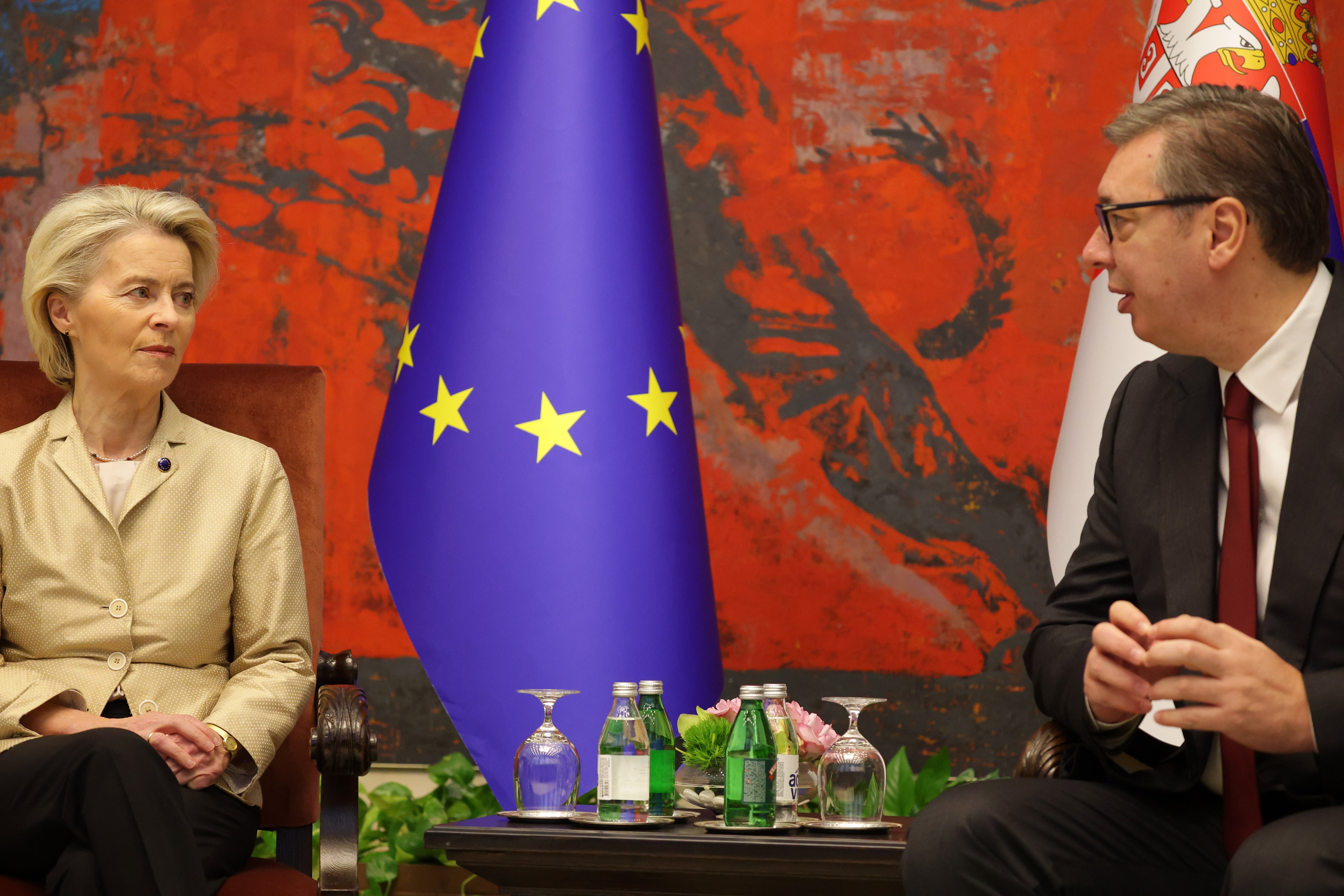 epa12454755 Serbian President Aleksandar Vucic (R) talks with European Commission President Ursula von der Leyen (L) during their meeting in Belgrade, Serbia, 15 October 2025. Von der Leyen