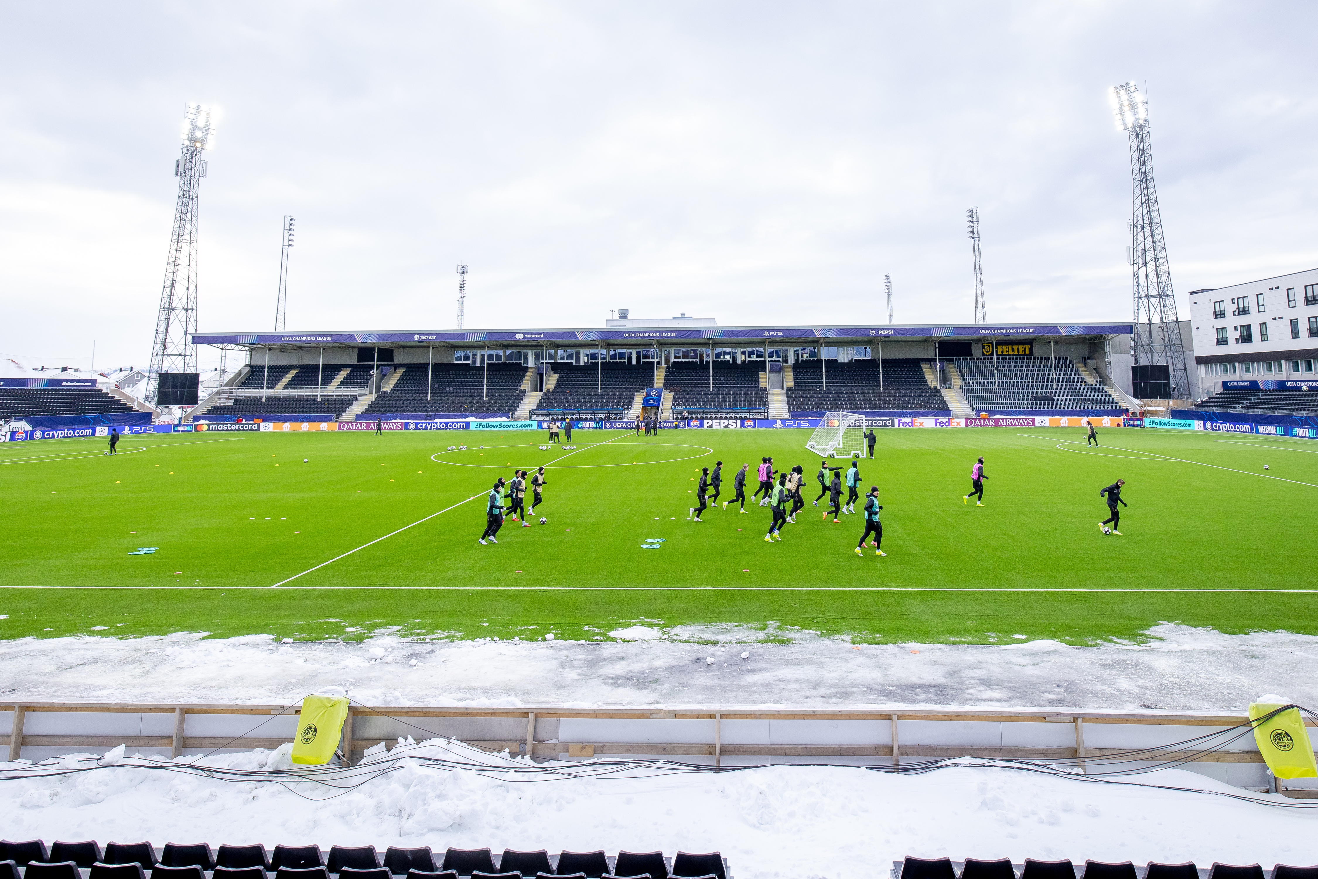 Players of Bodo/Glimt attend a training session at Aspmyra stadium in Bodo