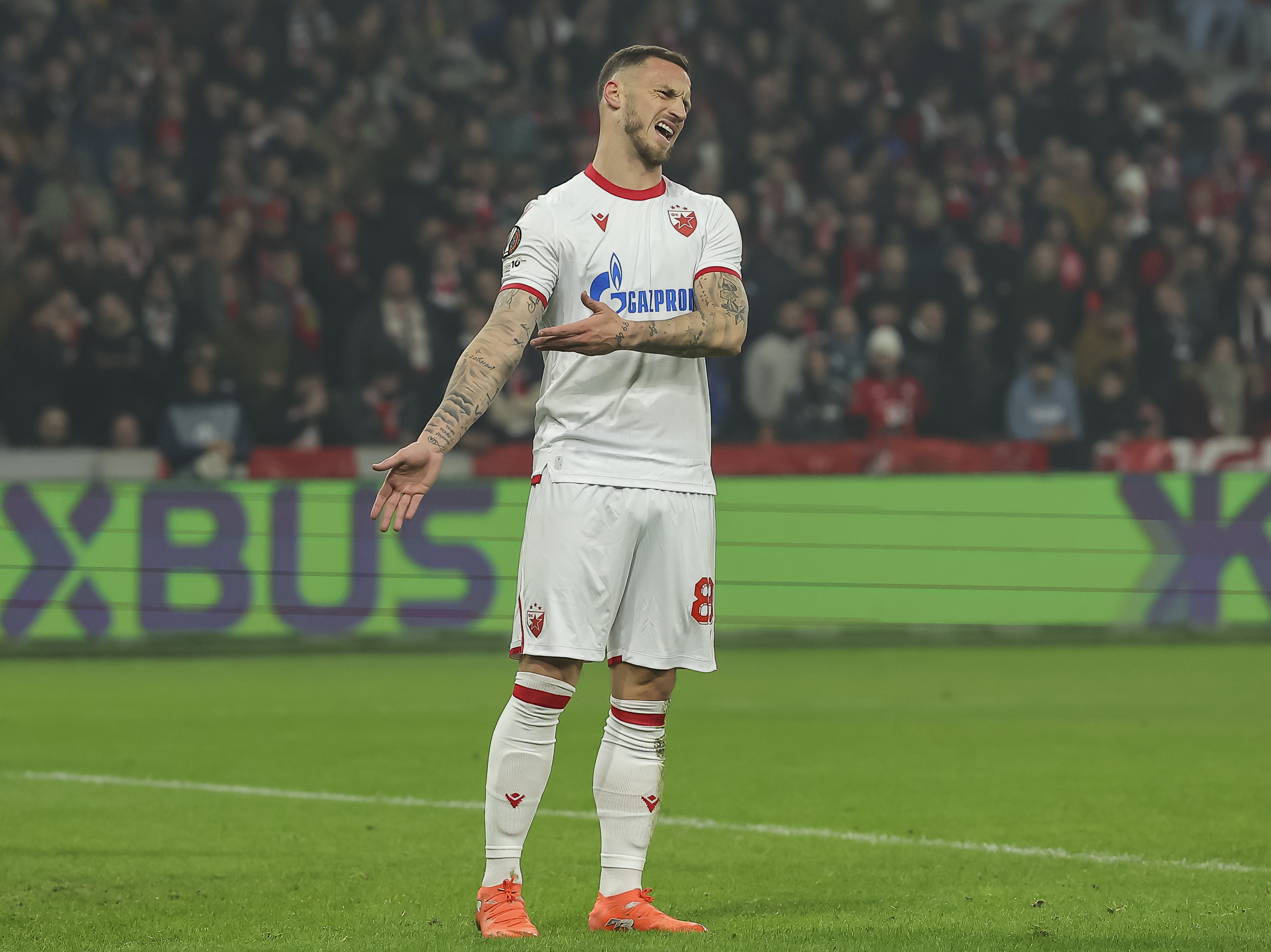 Marko Arnautovic of Crvena Zvezda reacts during the Kup Radivoja Koraca Season 2025-2026 quarterfinal match between Partizan and FMP Zeleznik at Cair hall on February 19, 2026 in Nis, Serbia. (Photo by Vatroslav Hladny/Starsport.rs ©)