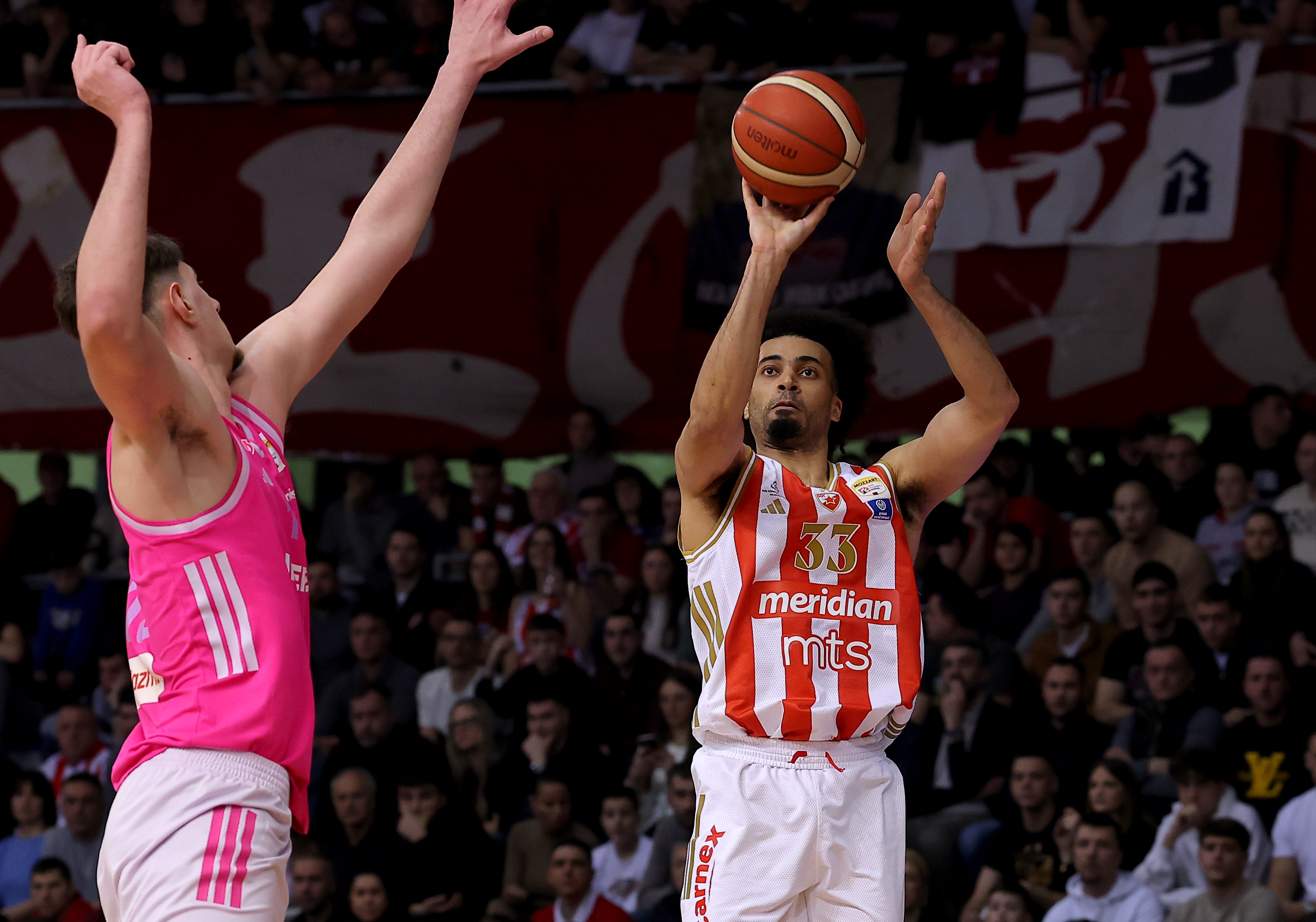 Nis, Serbia. 21th Feb, 2026. during the Kup Radivoja Koraca Season 2025-2026 final match between Crvena Zvezda (Red Star) and Mega at Cair hall on February 21, 2026 in Nis, Serbia. (Photo by Pedja Milosavljevic/Starsport ©)