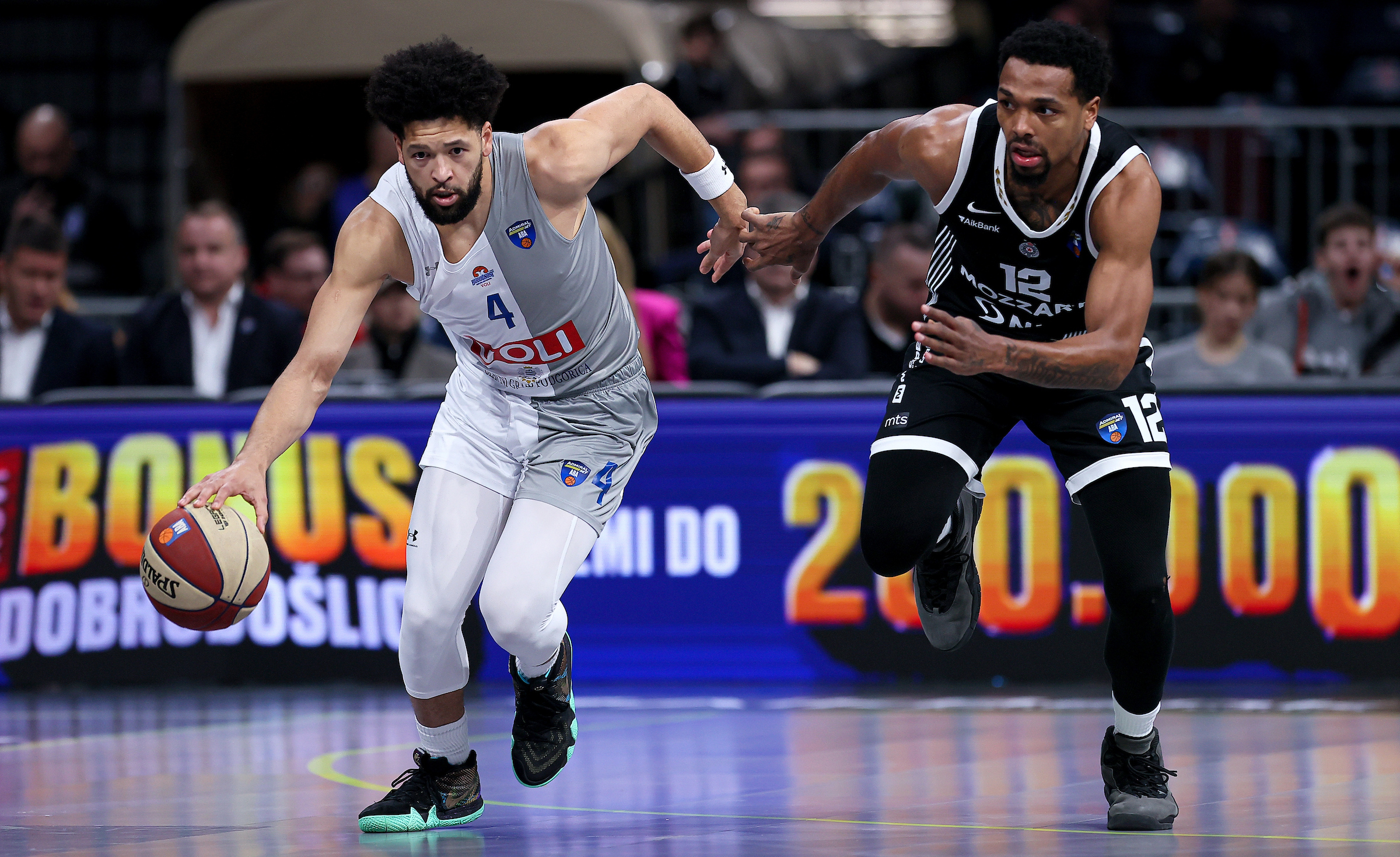 Skylar Mays of Buducnost (L) in action against Sterling Brown of Partizan (R)