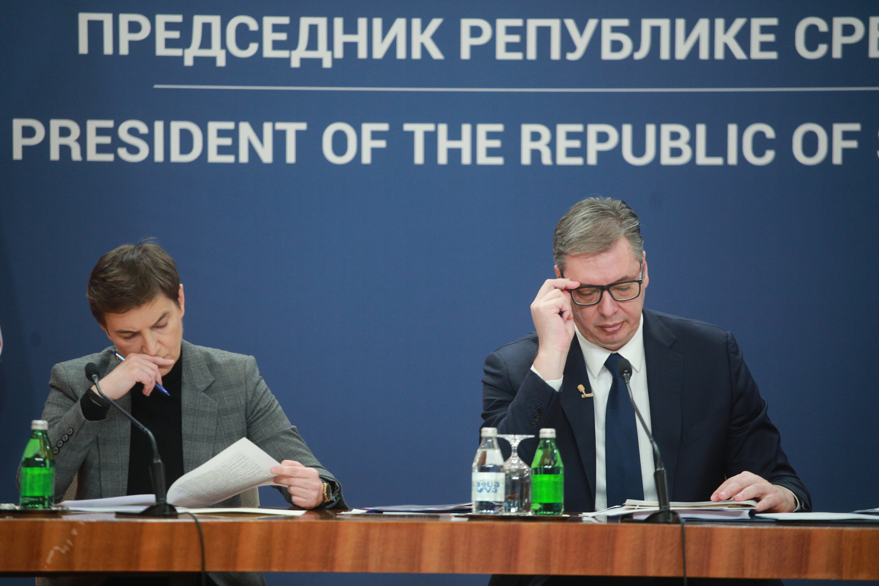 27, januar, 2025, Beograd - Predsednik Republike Srbije Aleksandar Vucic obratio se javnosti sa predsednikom Vlade Republike Srbije Milosem Vucevicem i predsednicom Narodne skupstine Republike Srbije Anom Brnabic u Palati Srbija. Photo: Milos Tesic/ATAIma