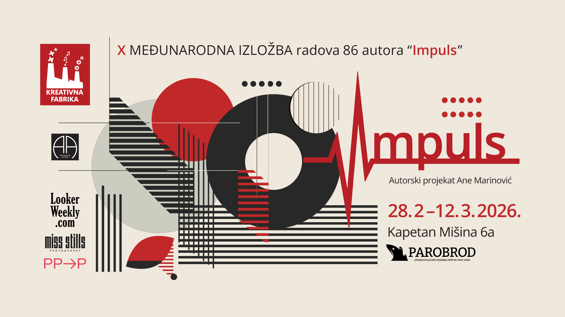 Otvaranje X međunarodne izložbe "Impuls" autorke Ane Marinović; 28. februar, u 19č; UK Parobrod