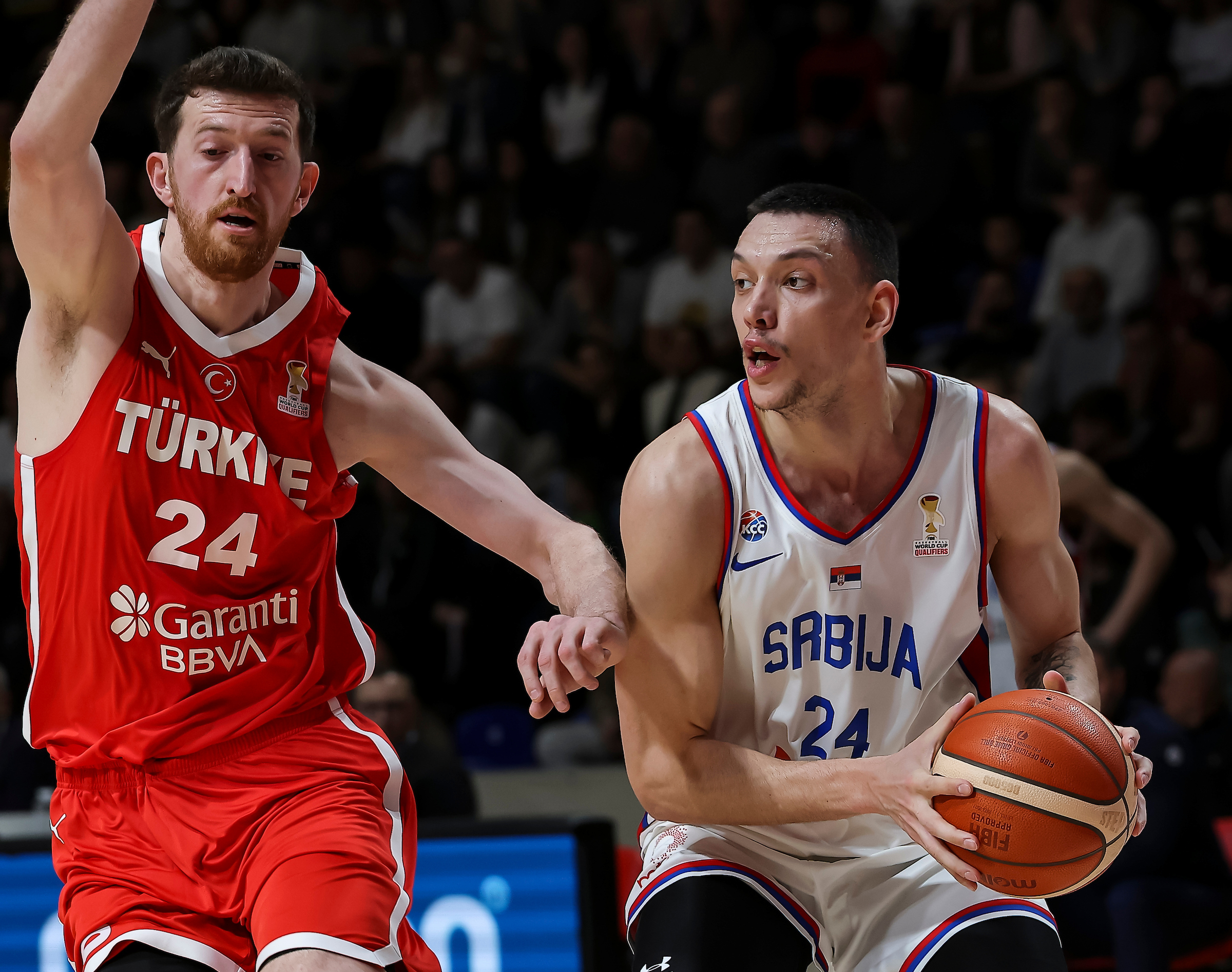 Nikola Tanaskovic (R) of Serbia in action against Ercan Osmani of Turkiye during the FIBA World Cup European qualifiers first round group C basketball match between Serbia and Turkiye on February 27, 2026 in Belgrade, Serbia.