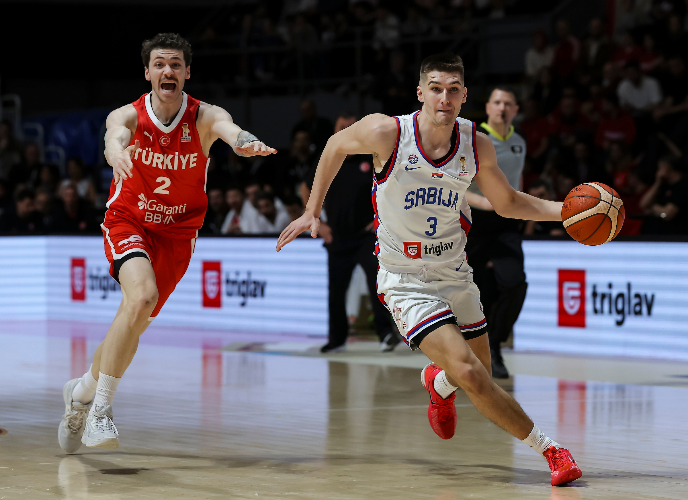 Stefan Miljenovic (R) of Serbia in action against Sehmus Hazer (L) of Turkiye during the FIBA World Cup European qualifiers first round group C basketball match between Serbia and Turkiye on February 27, 2026 in Belgrade, Serbia.
