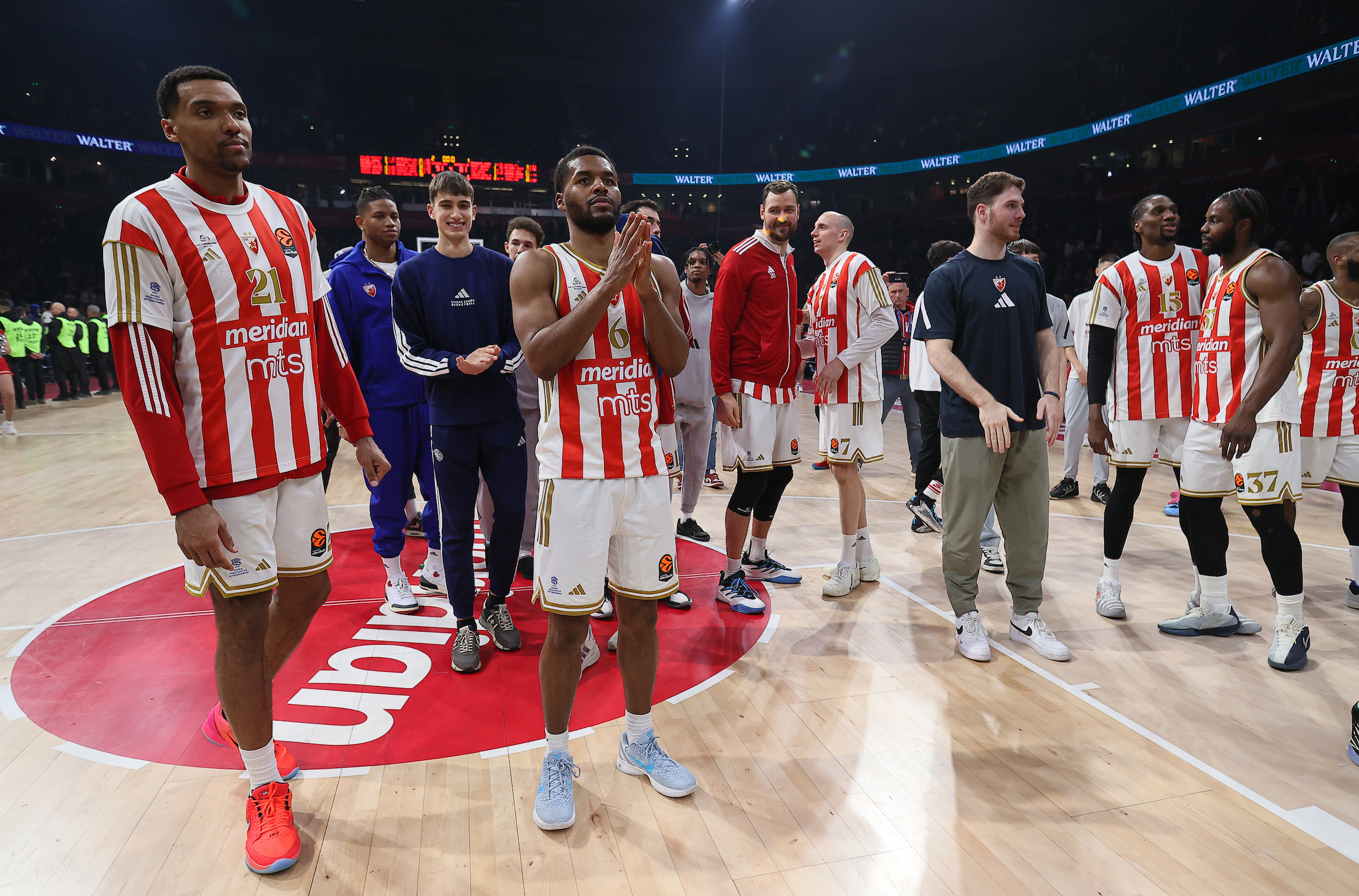 Players of Crvena Zvezda celebrate after win during Crvena Zvezda v Anadolu Efes basketball match of Euroleague season 2025/2026 round 29. at the Belgrade Arena