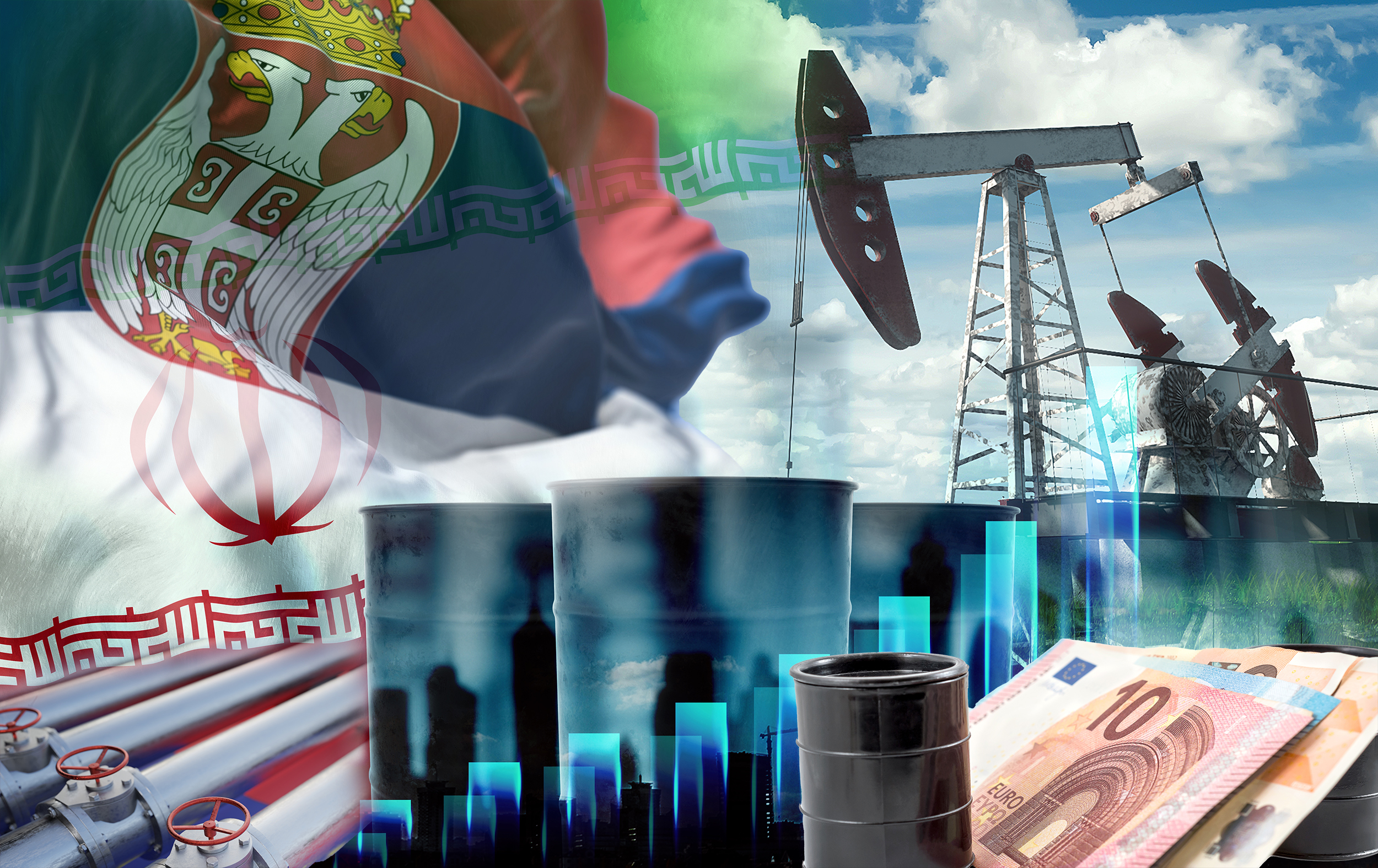 Image of the Iranian flag, oil pump rig and barrels with graphs. The concept of oil production, regulation of mining, the discovery of new deposits. Mixed Medivse, Double Exposure