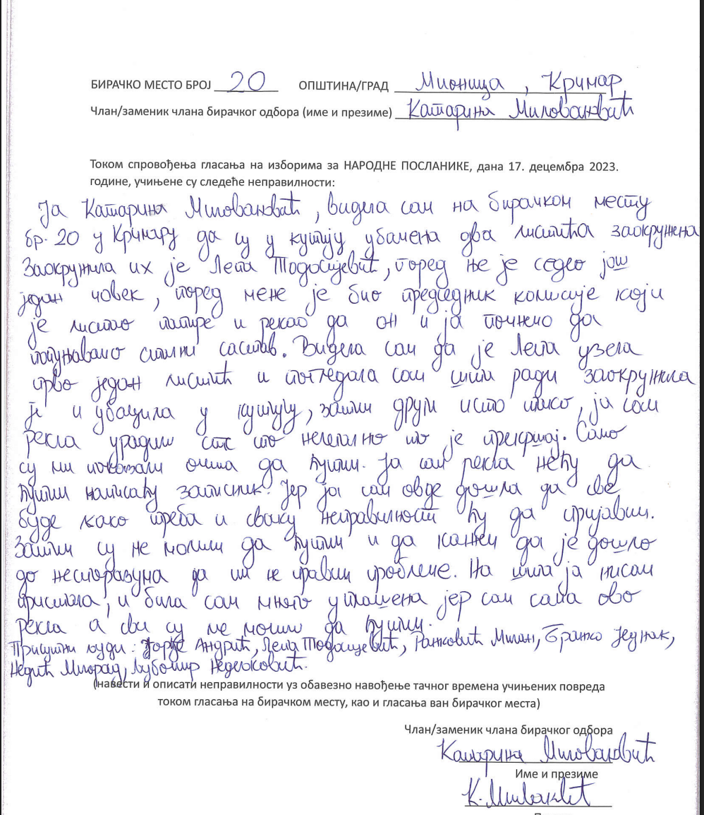 Zapisnik o radu biračkog odbora na sprovođenju glasanja za izbor narodnih poslanika