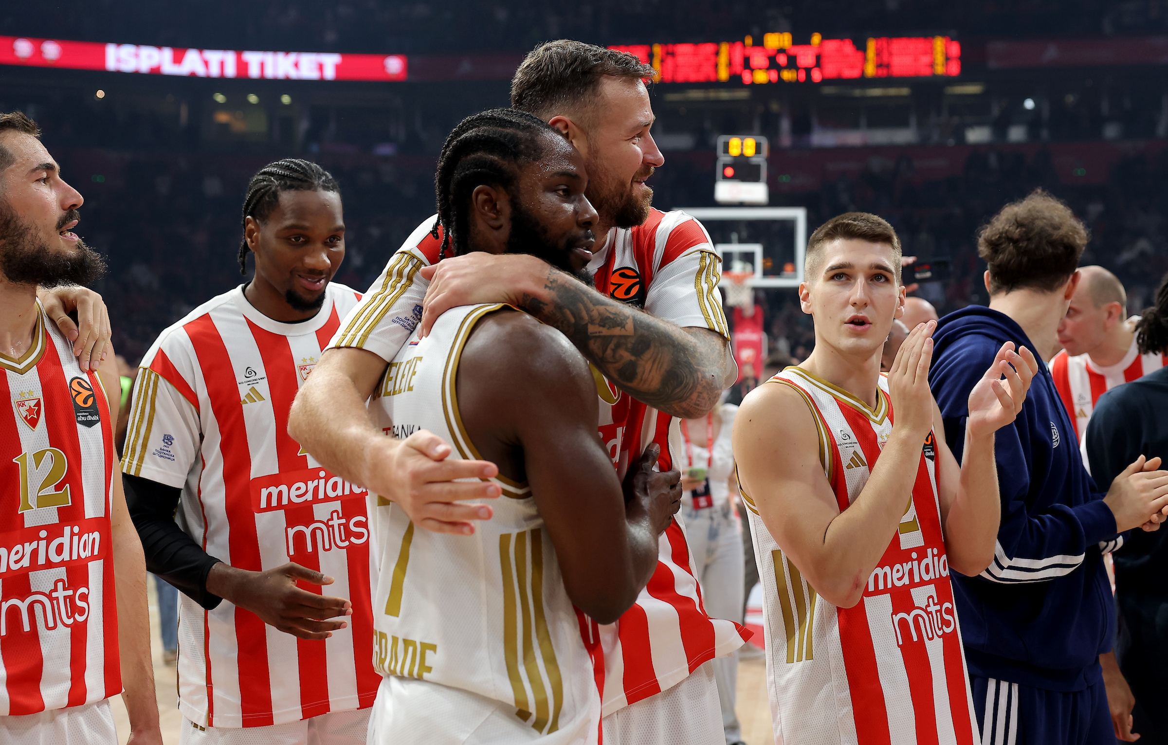 Crvena Zvezda's Semi Ojeleye and Donatas Motiejunas