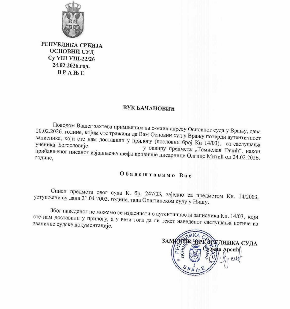 obaveštenje Bačanović