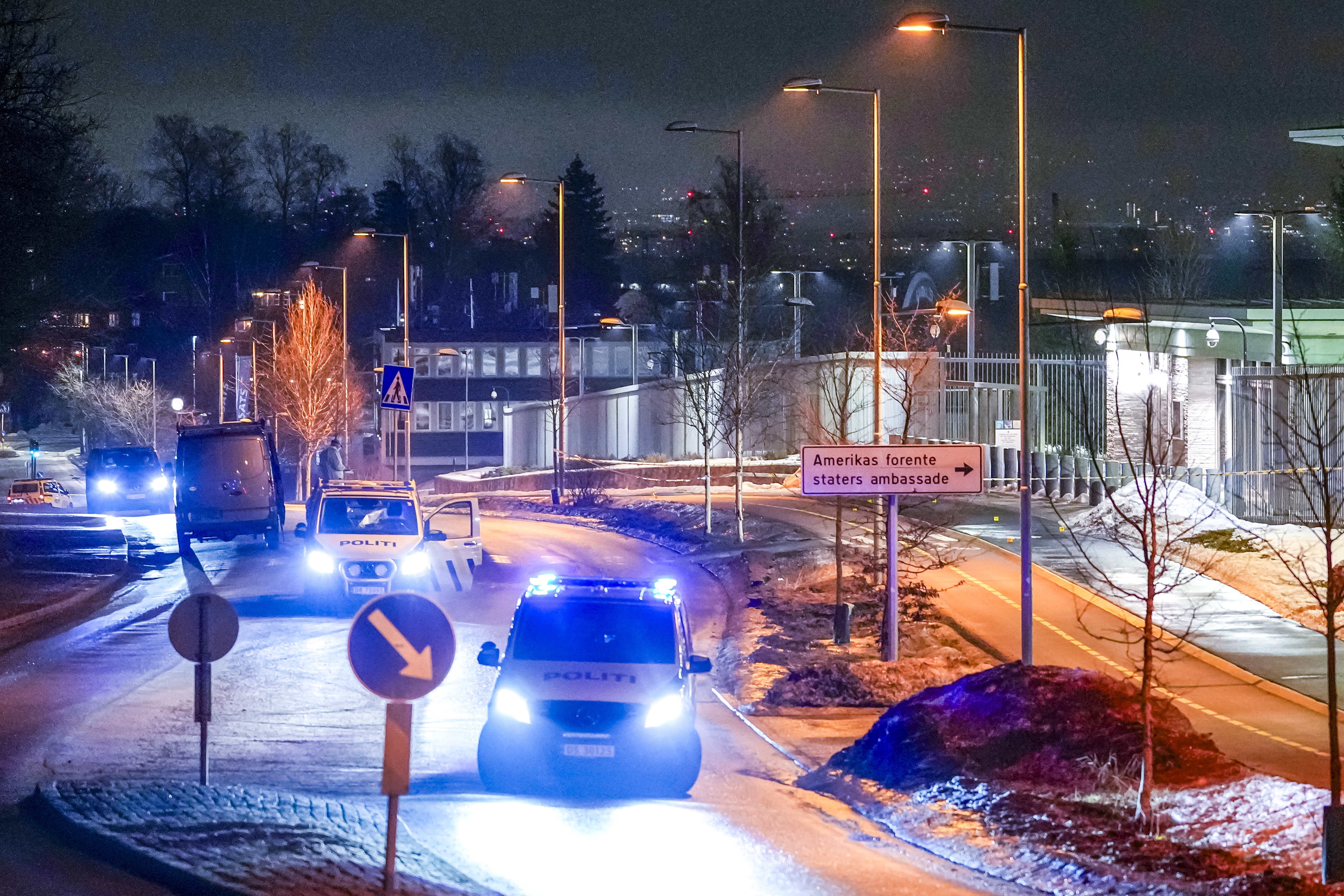 epa12803058 Police services at the US embassy in Oslo, Norway, 08 March 2026, aft
