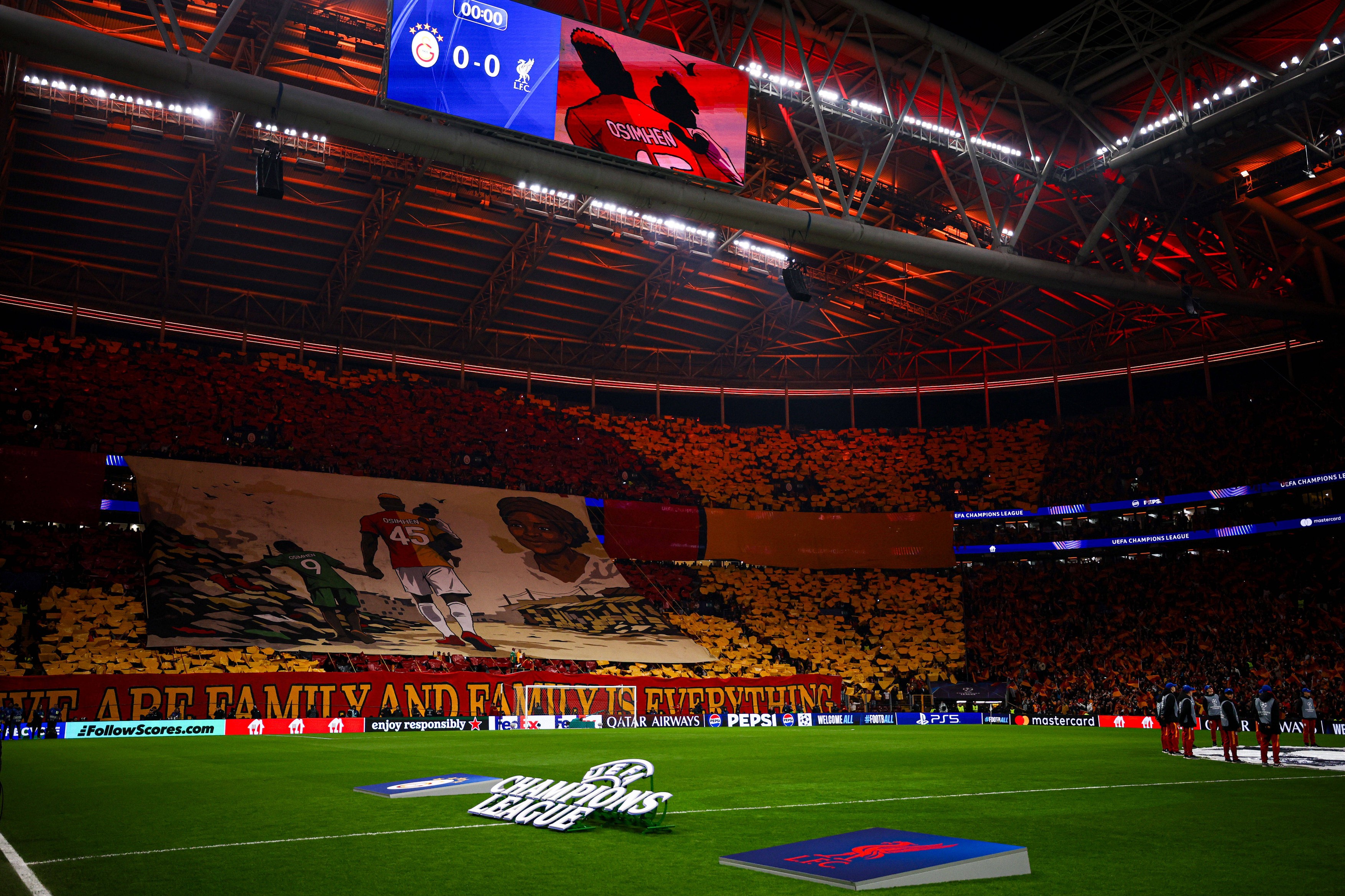 Galatasaray fans unfurl a giant banner bearing Victor Osimhen's likeness to wish him a happy birthday. Galatasaray SK and Liverpool FC faced each other at UEFA Champions League 2025/26 League Round of 16 - 1st leg.