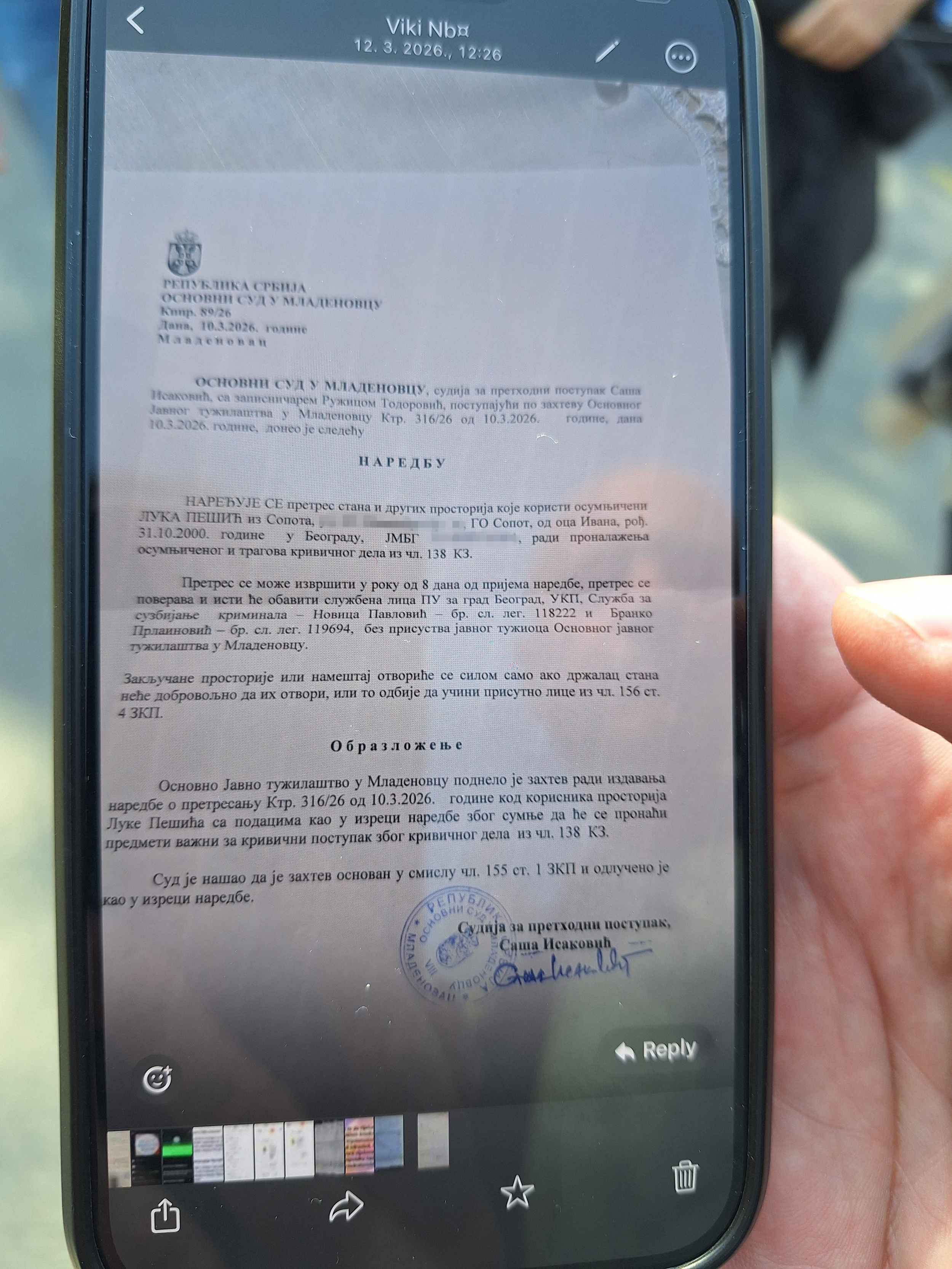 Otac Luke Pešića, Ivan Pešić fotka naloga policije