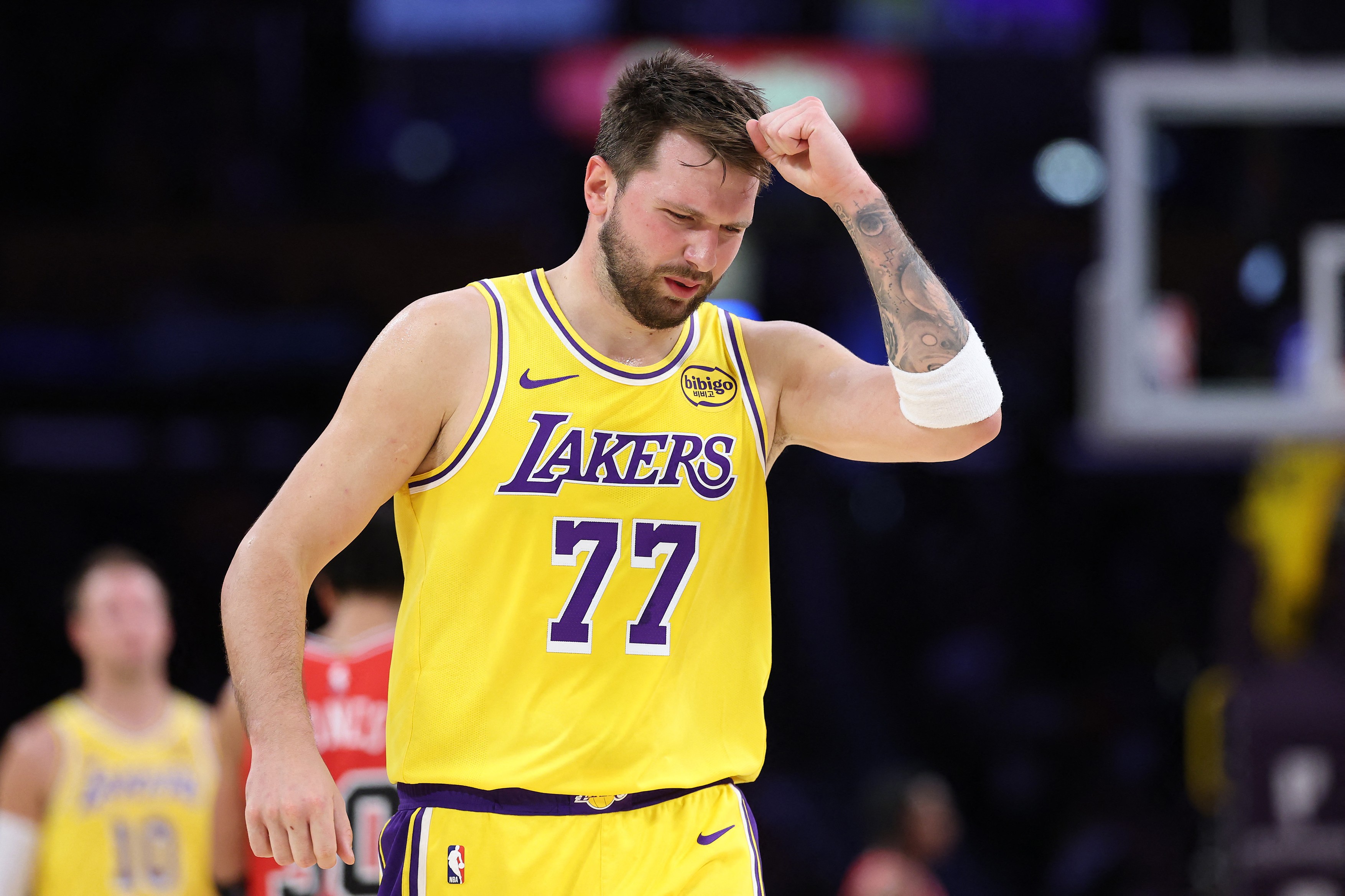 LOS ANGELES, CALIFORNIA - MARCH 12: Luka Doncic #77 of the Los Angeles Lakers