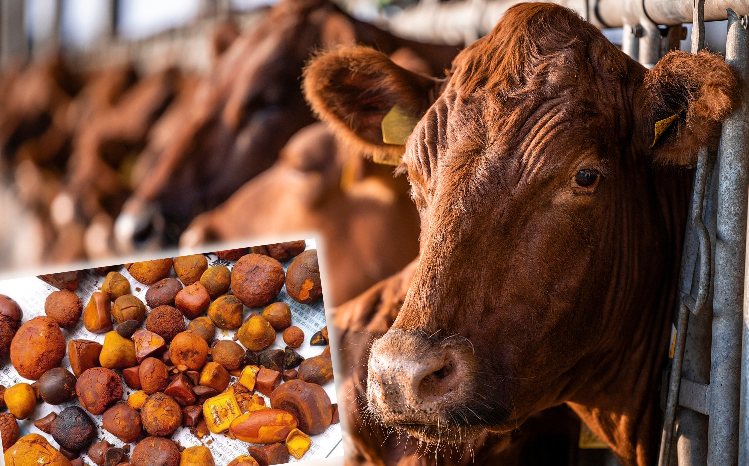 Close up view of brown Angus cow standing in cattle shed on farm.