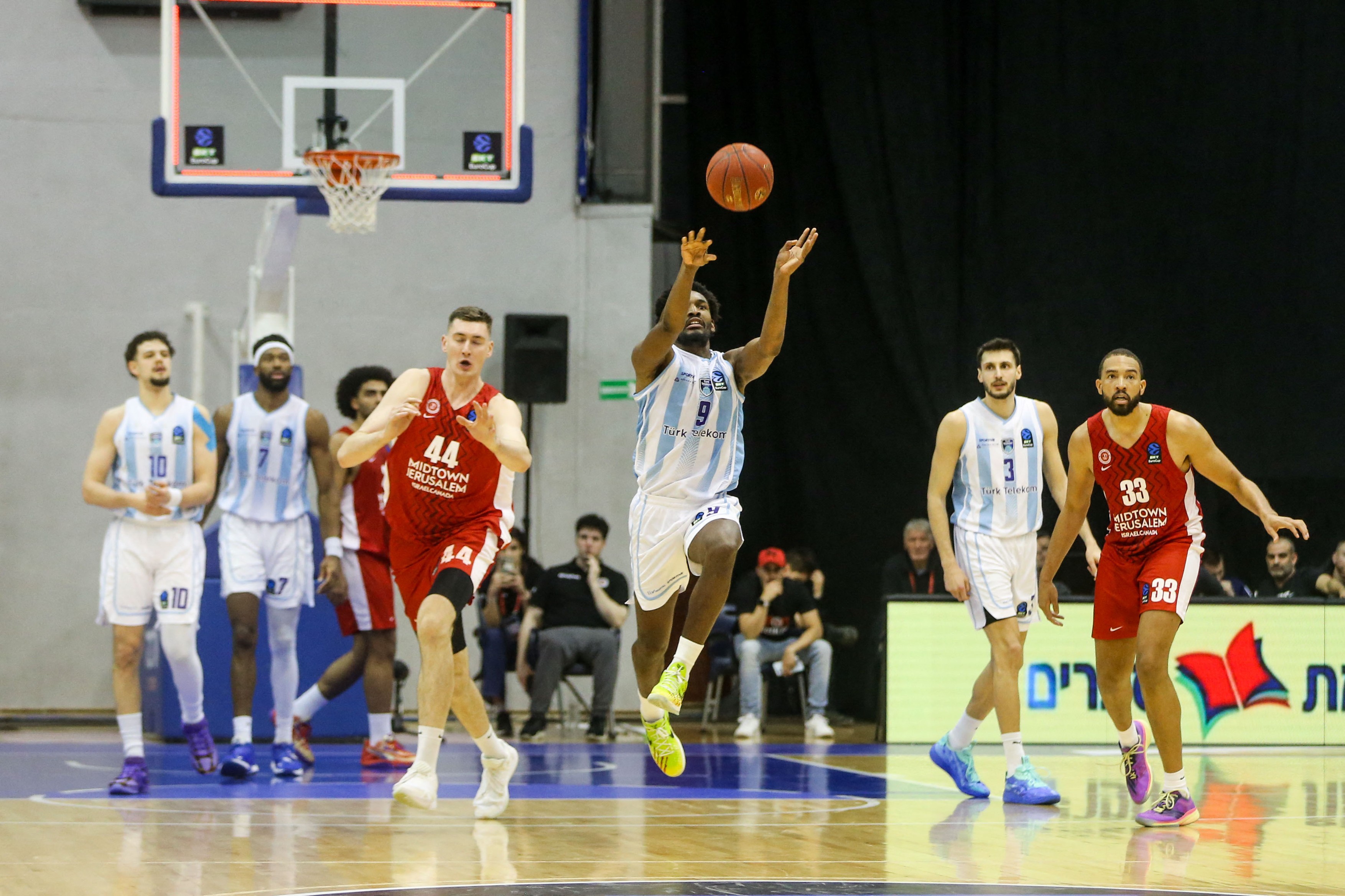 Jaleen Smith (9) of Turk Telekom in action during the BKT EuroCup quarterfinal basketball match between Hapoel Jerusalem and Turk Telekom in Belgrade, Serbia