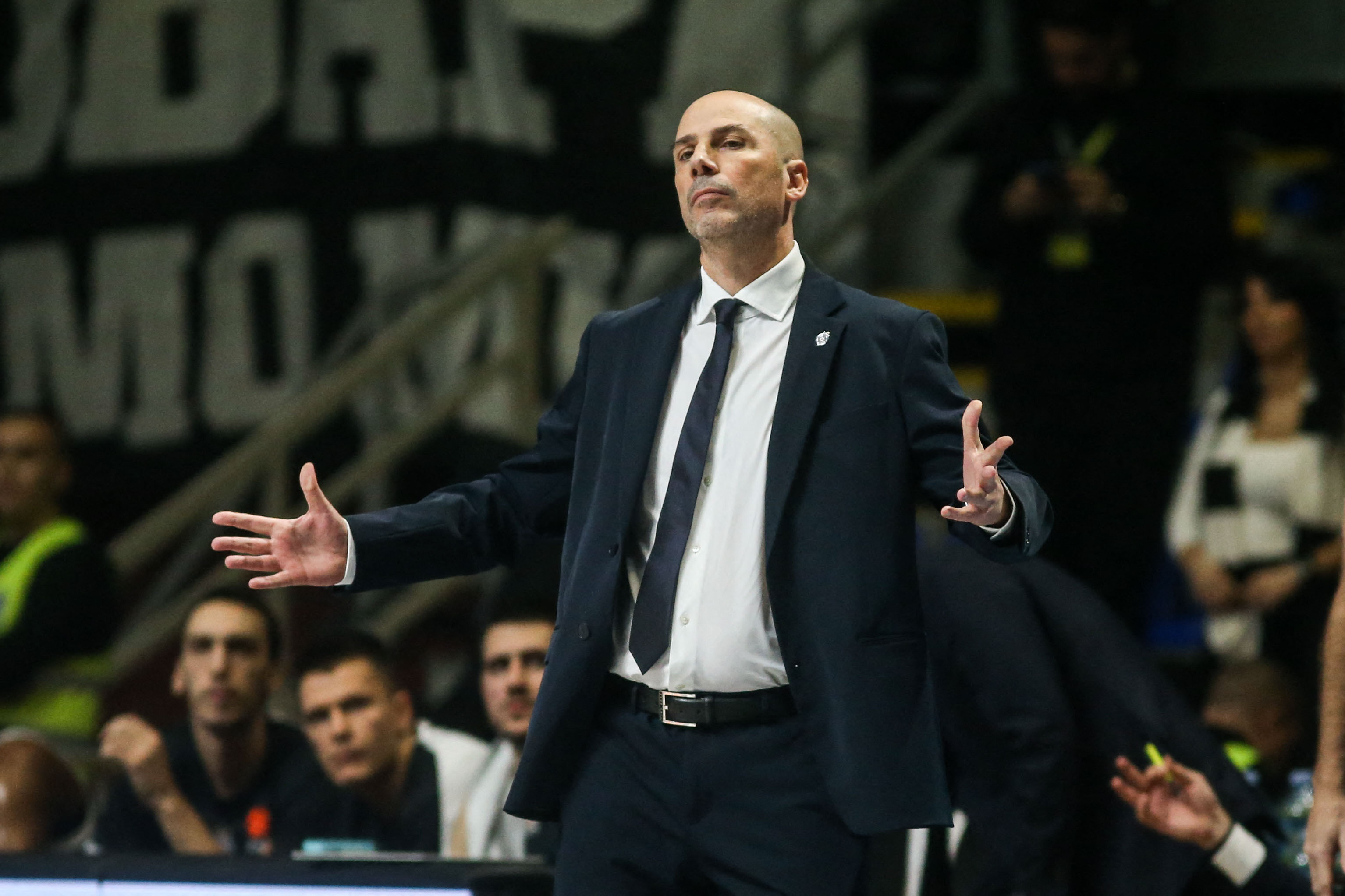 Joan Pennaroya of Partizan Belgrade reacts after a position during the EuroLeague match