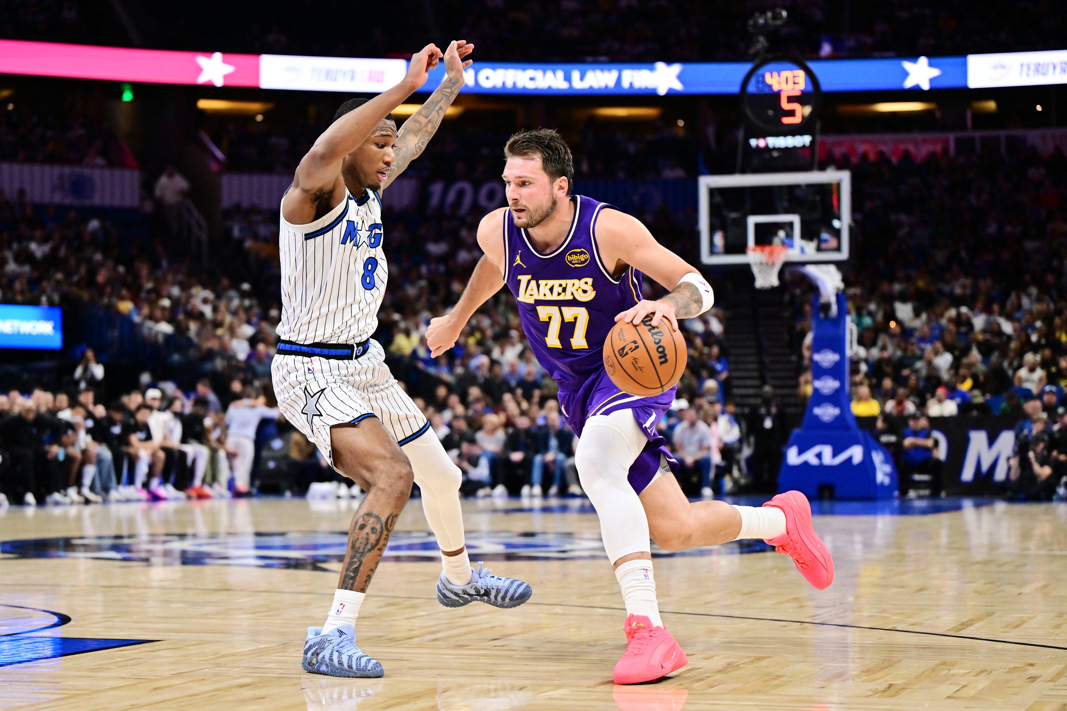 ORLANDO, FLORIDA - MARCH 21: Luka Doncic #77 of the Los Angeles Lakers