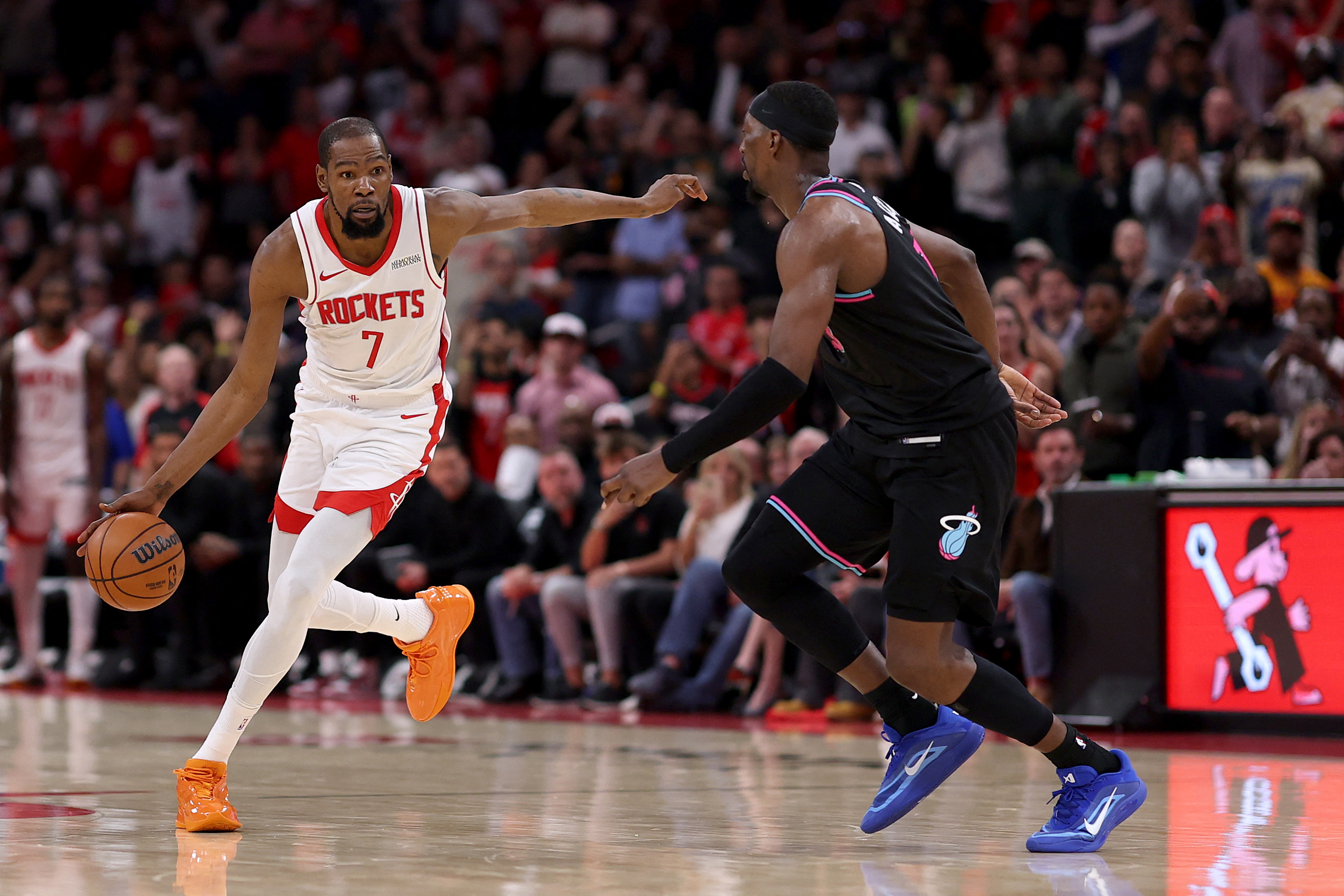 Kevin Durant #7 of the Houston Rockets drives to the basket against Bam Adebayo #13 of the Miami Heat