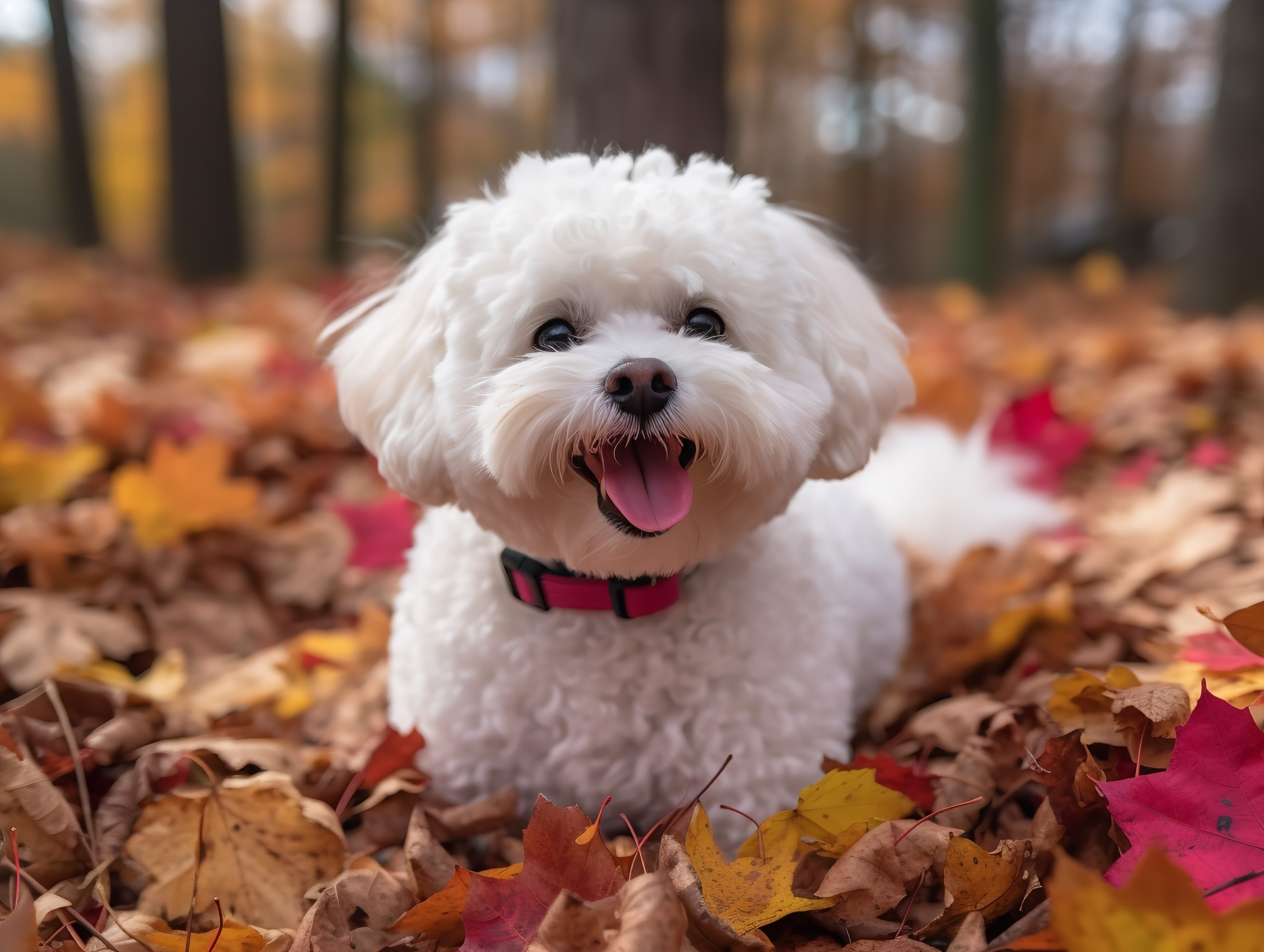 A Bichon Frise prances through a pile of crisp