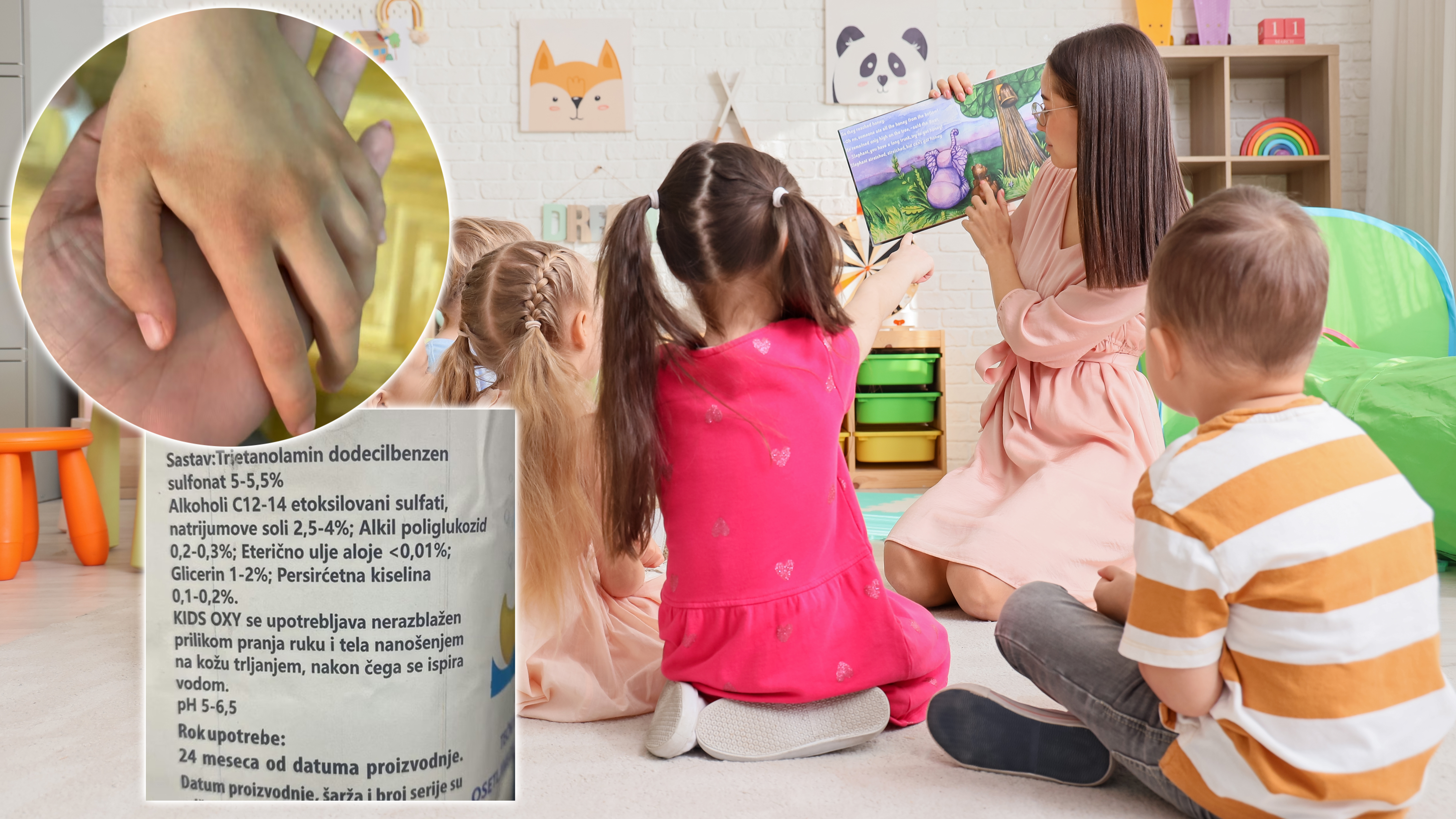 Nursery teacher reading story to little children in kindergarten, back view