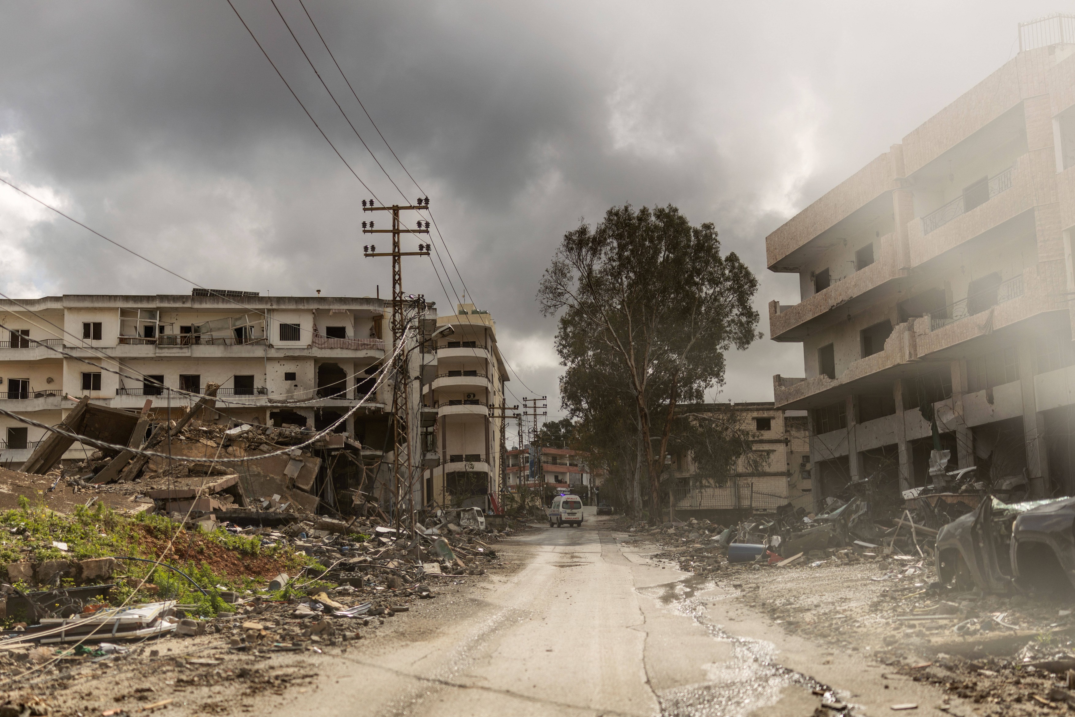 Nabatieh, devastated by Israeli airstrikes, during an emergency response after a ro