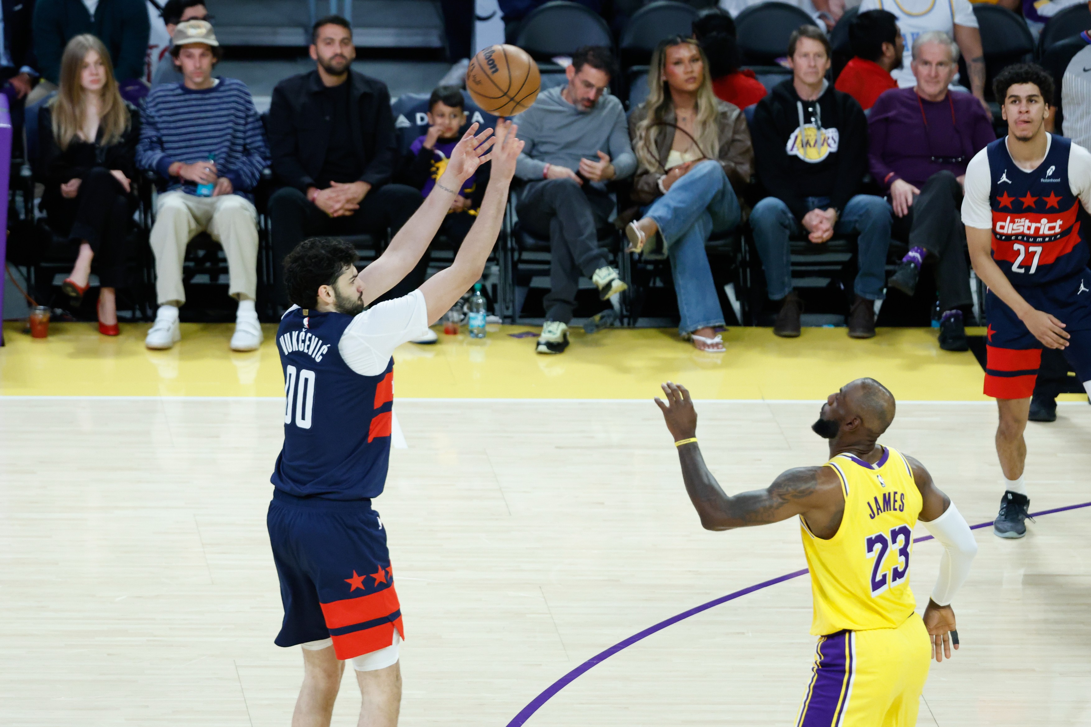 Washington Wizards forward Tristan Vukcevic (00) shoots the ball during the Washington Wizards vs Los Angeles Lakers game