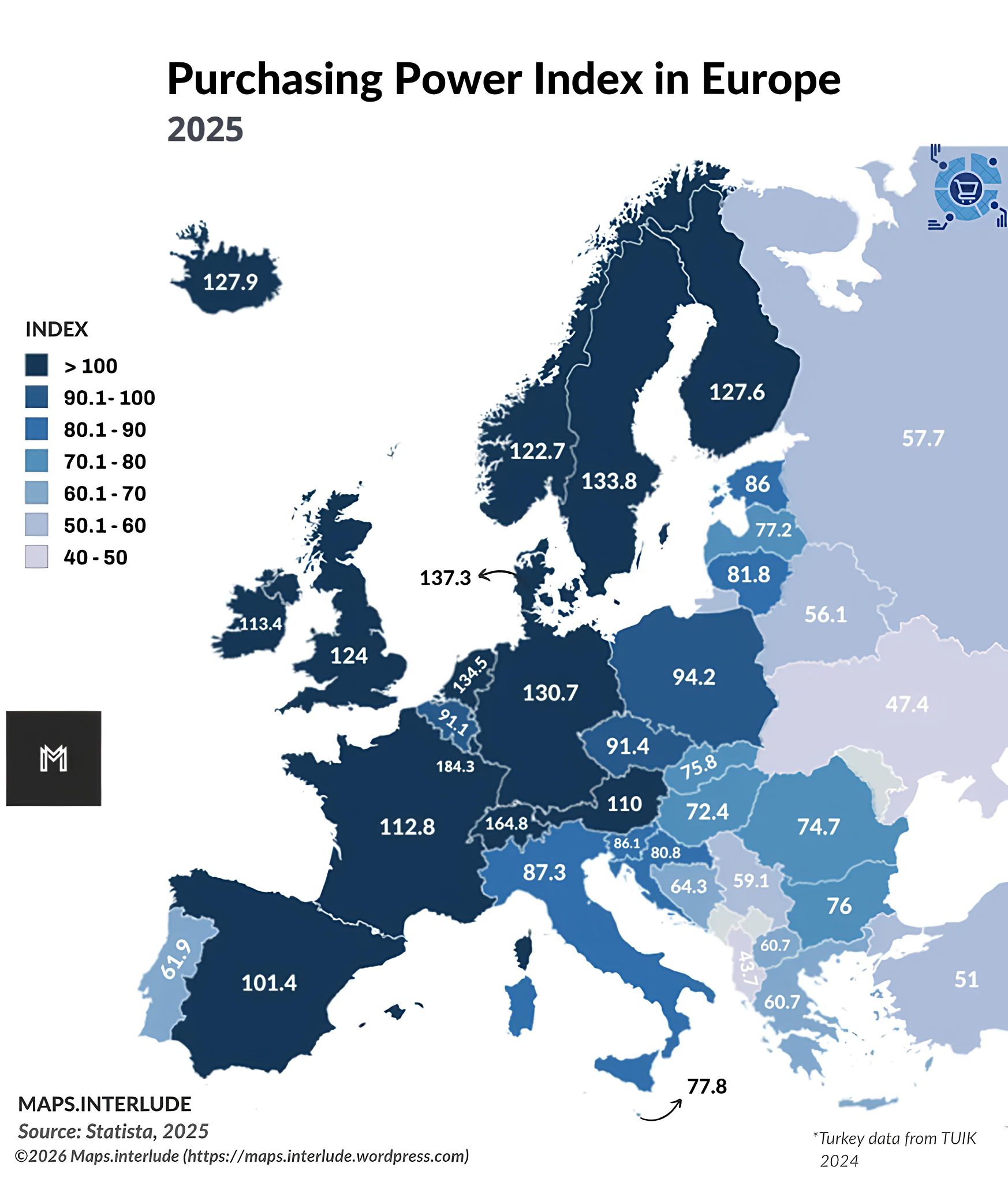 Mapa Evrope, indeks kupovne moći